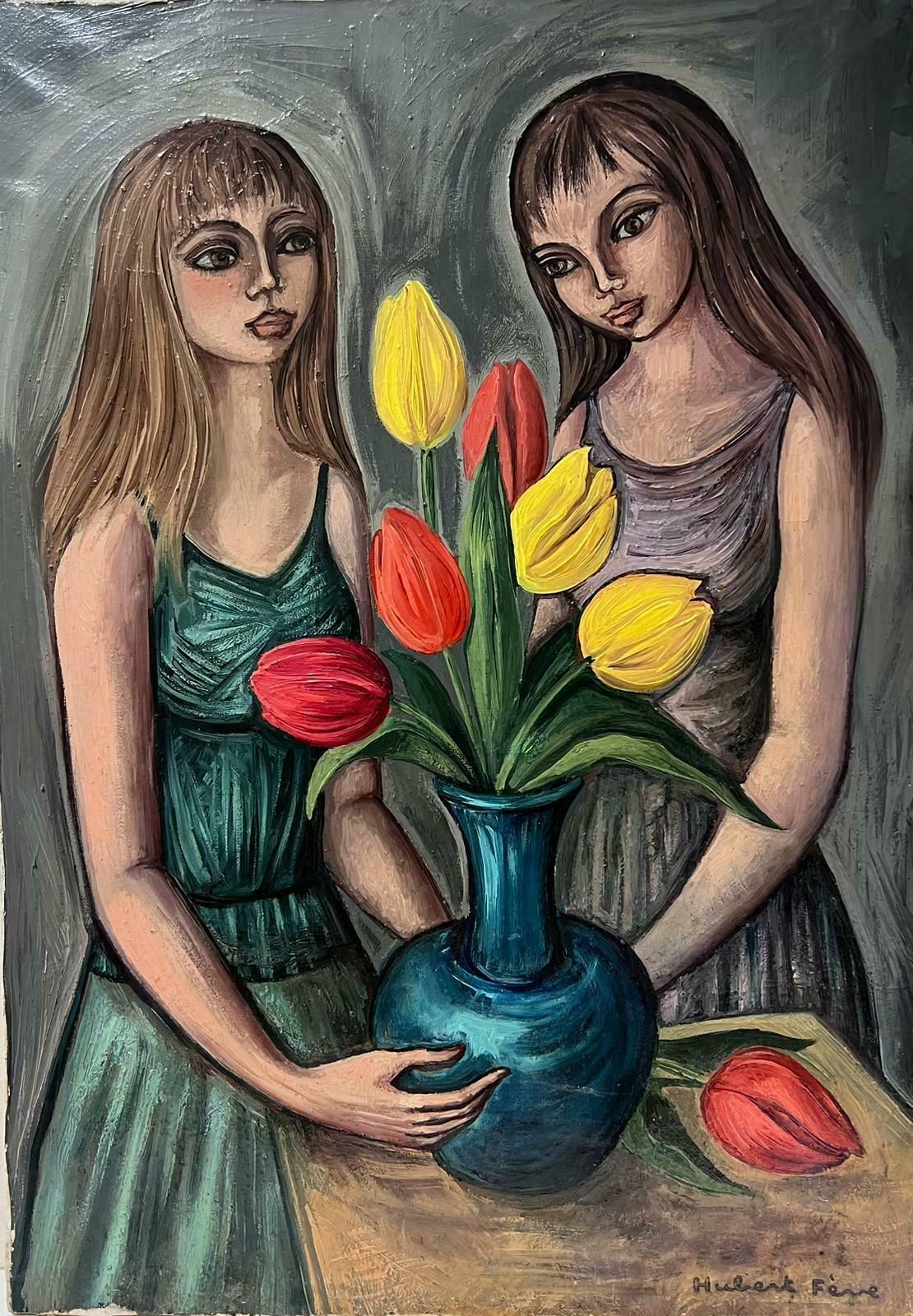 French School1950s French Signed Modernist Oil Painting Young Ladies With Tulips