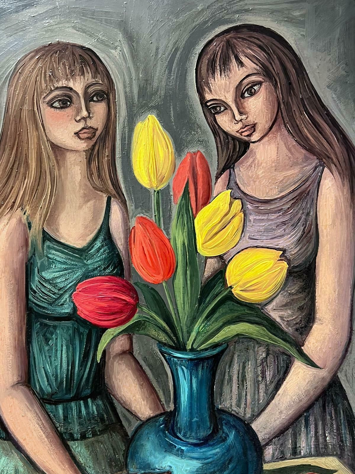 French School1950s French Signed Modernist Oil Painting Young Ladies With Tulips photo furniture