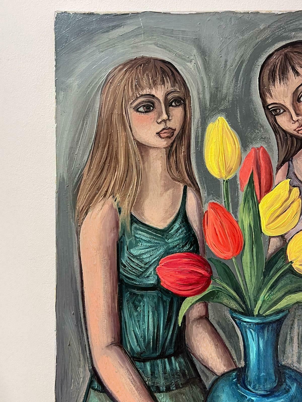 French School1950s French Signed Modernist Oil Painting Young Ladies With Tulips photo for sale