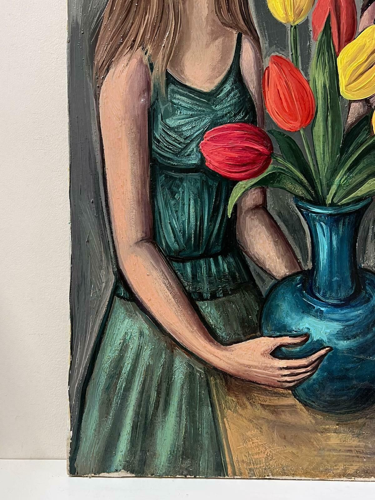 French School1950s French Signed Modernist Oil Painting Young Ladies With Tulips photo Art