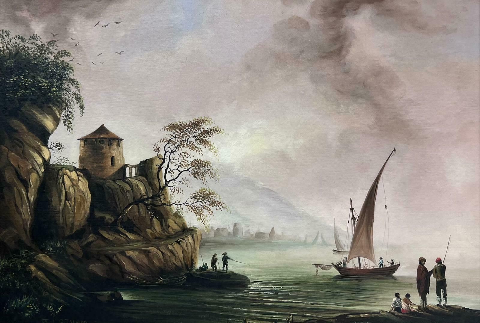 English Artistfishing At Dawn Old Trading Port With Many Figures Large Oil Painting photo furniture
