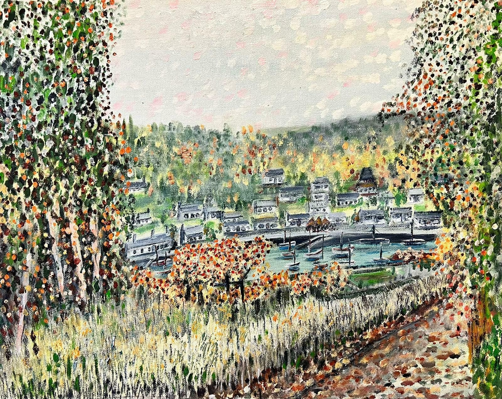 Contemporary British Pointillist Style River Landscape With Trees & Far Reaching View Of Town