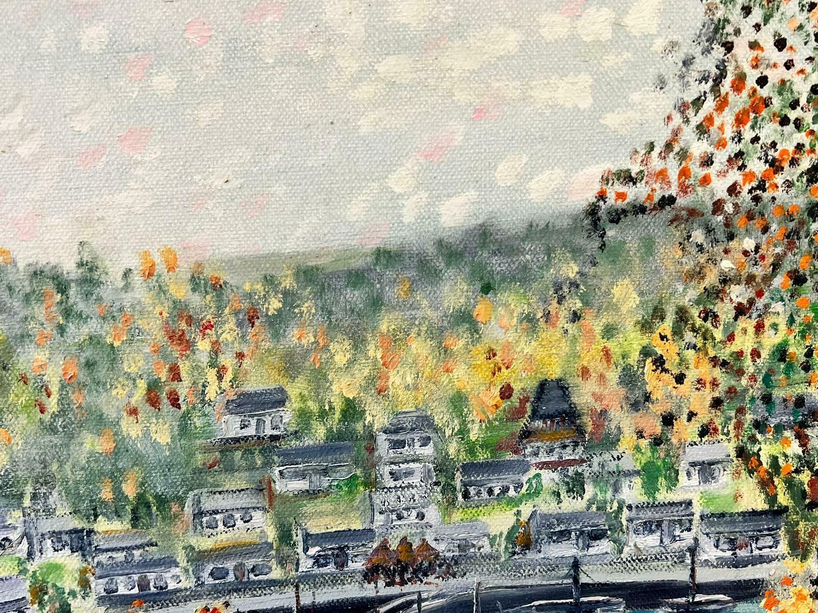 Contemporary British Pointillist Style River Landscape With Trees & Far Reaching View Of Town photo Art