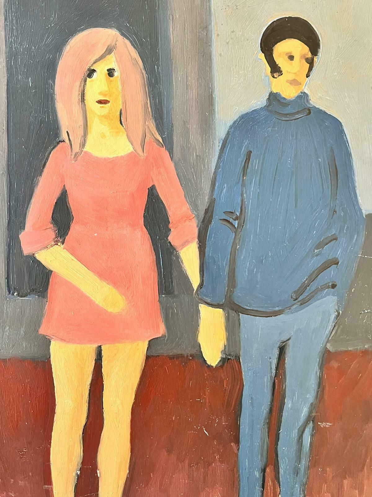 French School1960's French Modernist Oil Painting Fashionable Couple Holding Hands Pink & Blu photo Art