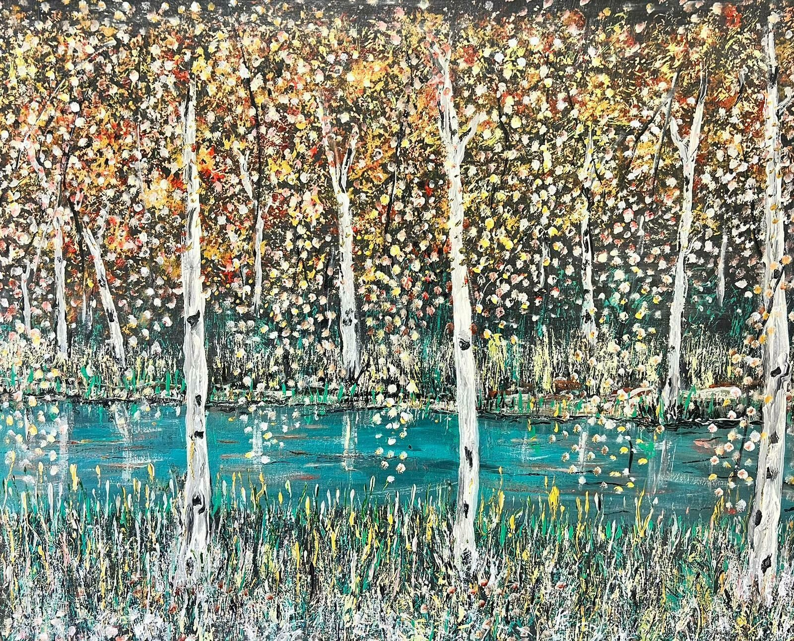 Contemporary British Modern British Symbolist Oil Painting Trees Dappled Light In Woodland