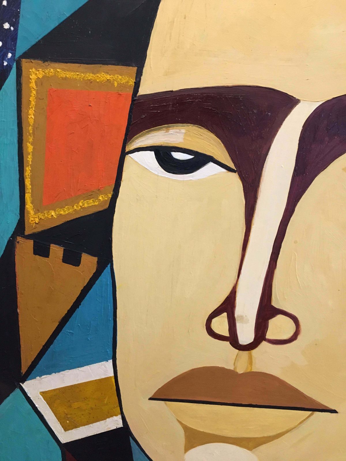 Unknownhuge Colourful Male Portrait Geometric Cubist Original Oil Painting C.1960s photo vinterior