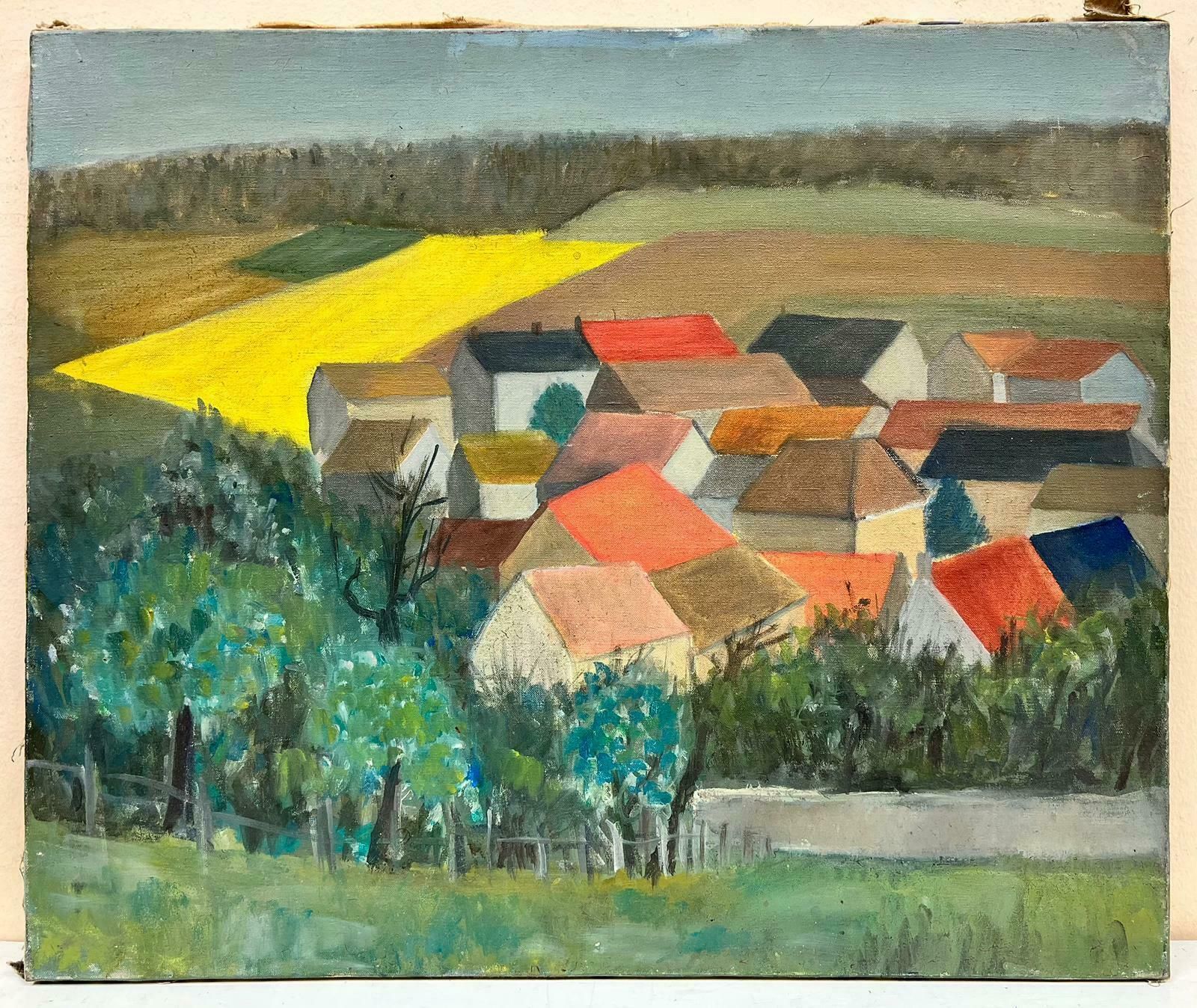 French Post Impressionistmid Century French Cubist/ Post Impressionist Oil Red Roof Houses In Landscapec. 1940's photo furniture