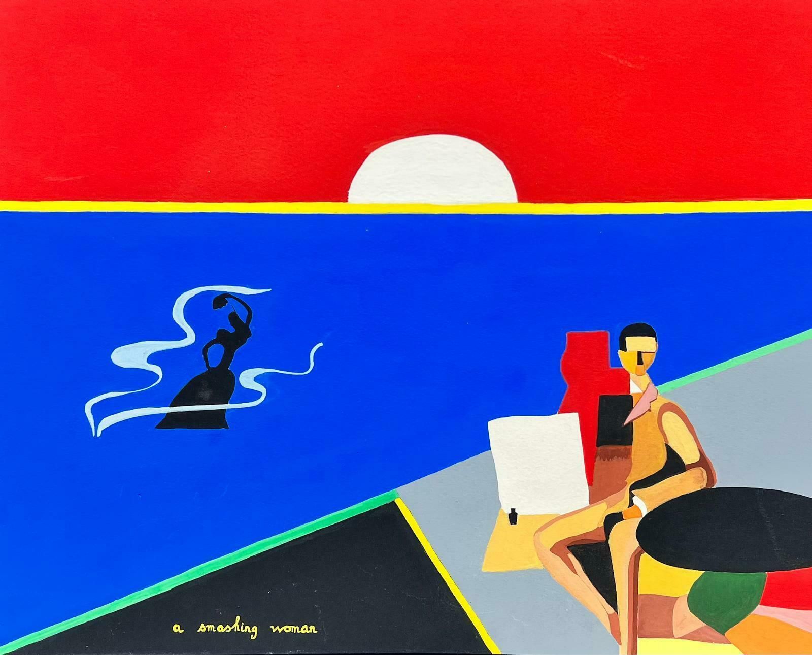 Contemporary Britishcubist Abstract Contemporary Painting Woman Sitting Next To Sea Red & Blue Colorc. 2000