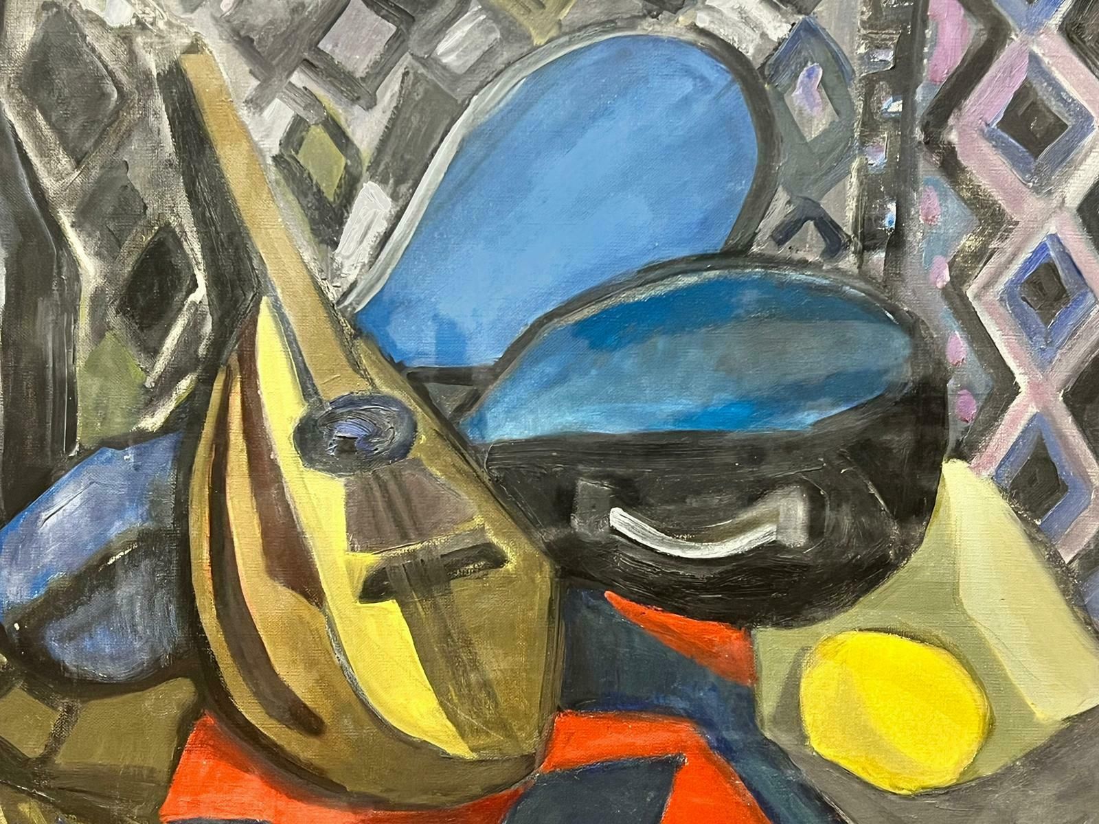French Schoolmid Century French Cubist Still Life Oil Mandolin Abstract Interior Scene photo 1425.0