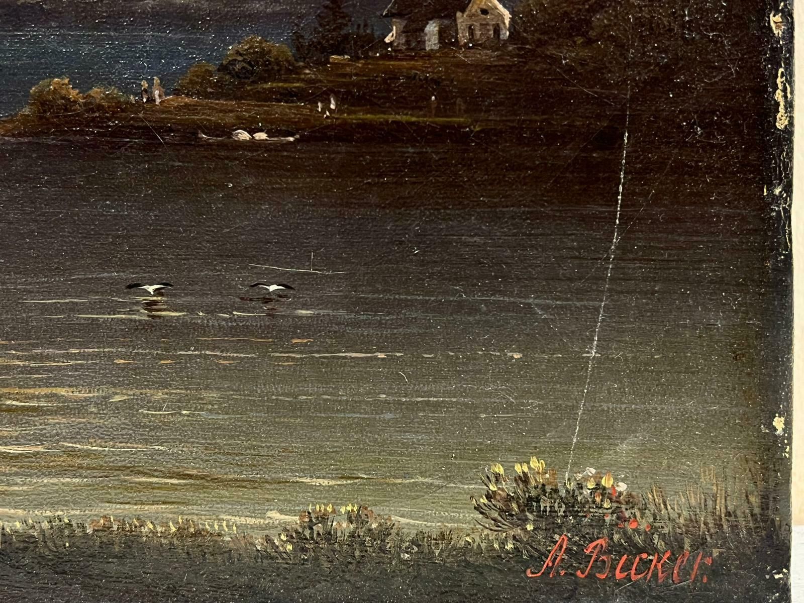 A.Buker19th Century German Lake Landscape Signed Oil Boats At Dusk photo for sale