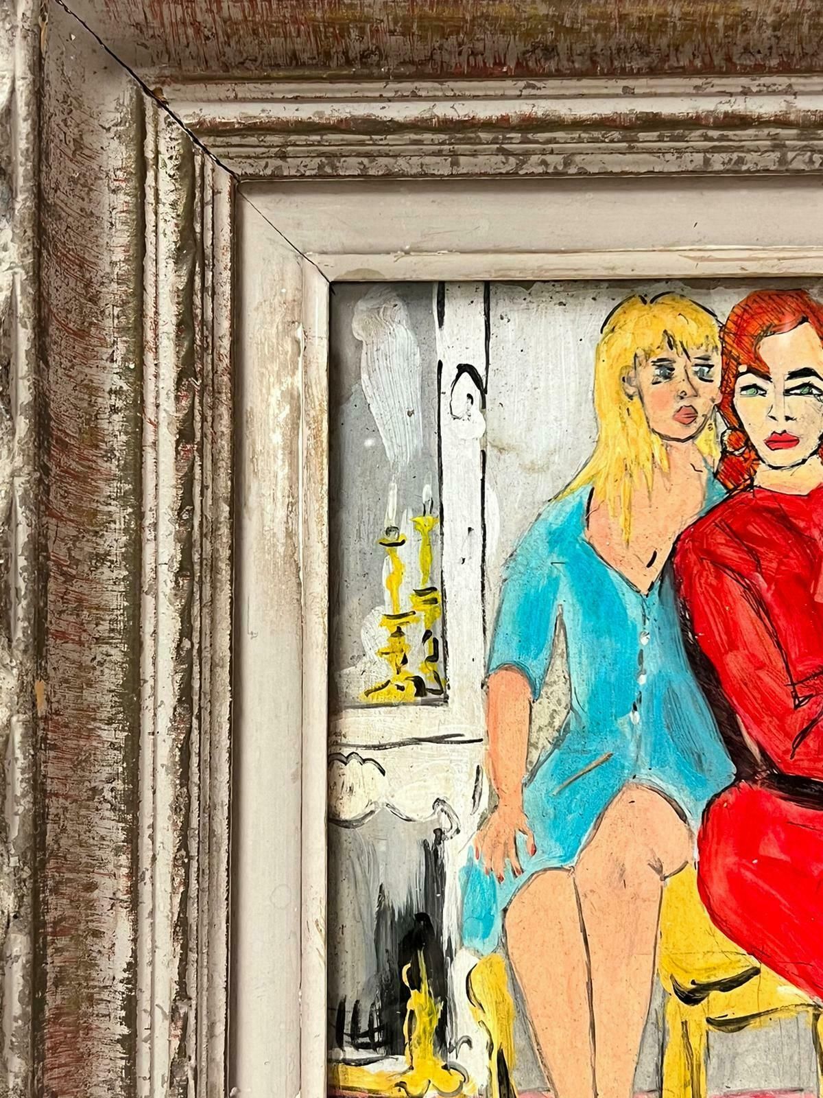 French School1960's French Modernist Signed Painting Two Fashionable Ladies In Interior Room photo for sale
