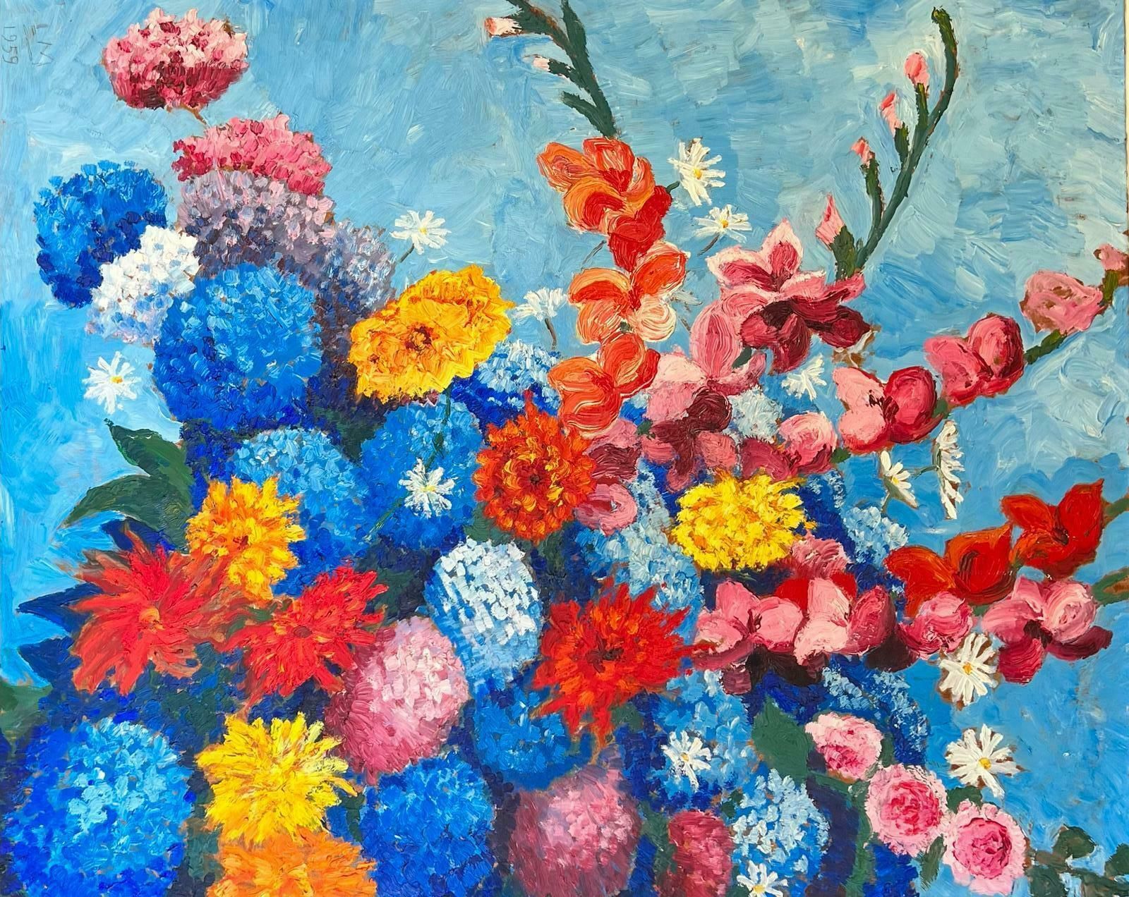 French School1950's Very Large French Post Impressionist Signed Oil Bright & Colorful Flowers1959 photo furniture