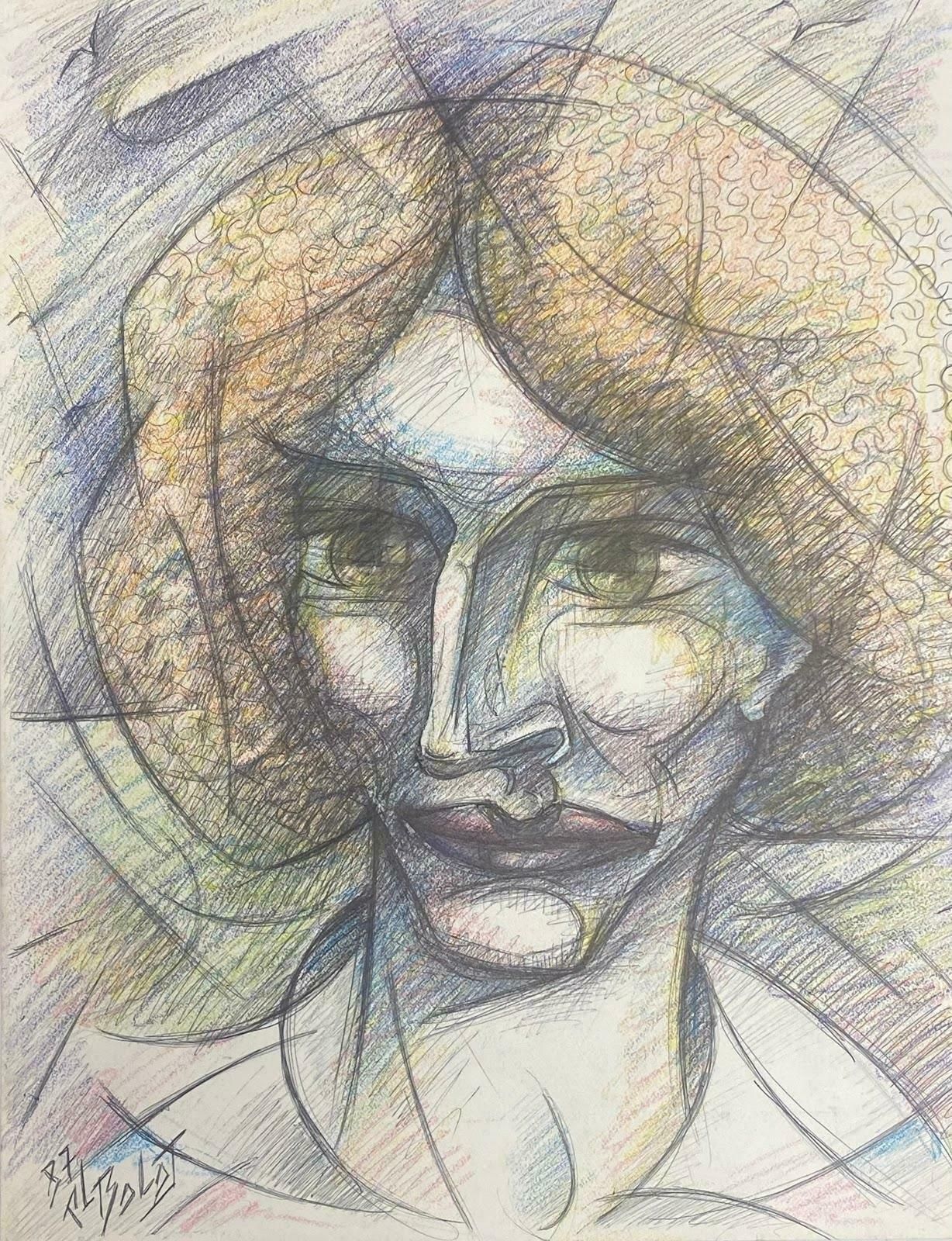 Paul Louis Bolot (French 1918 2003)French Biro Drawning Colorful Portrait Of Short Haired Lady "Michelle"20th Century (1987)