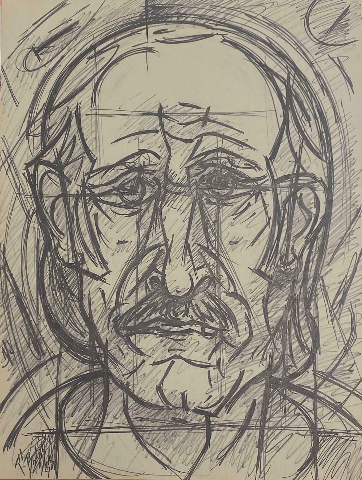 Paul Louis Bolot (French 1918 2003)french Modernist Gouache Painting Artist Self Portrait In Black And White20th Century