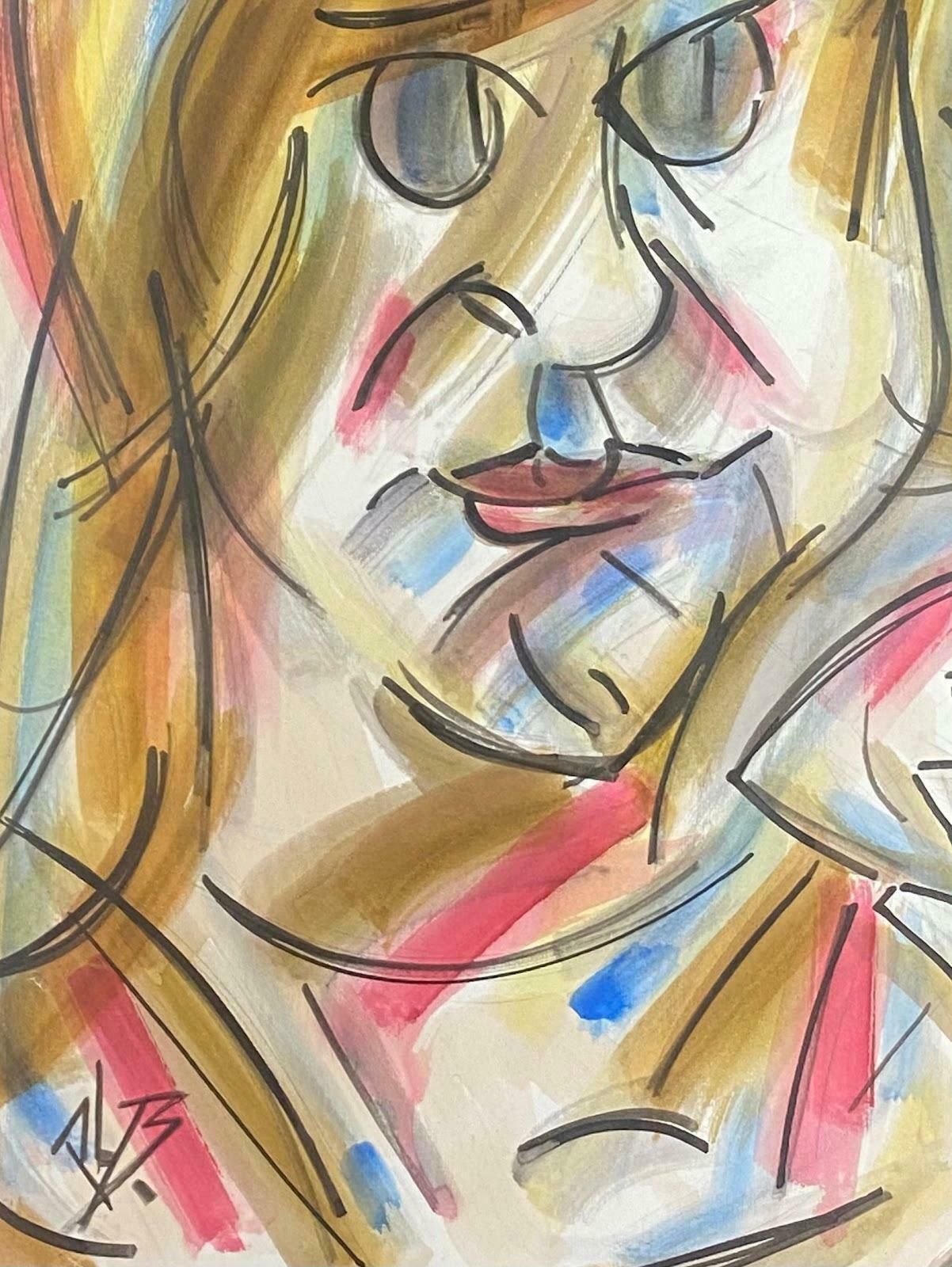 Paul Louis Bolot (French 1918 2003)French Modernist Gouache Painting Multi Color Portrait Of A Young Girl 20th Century (1972) photo for sale