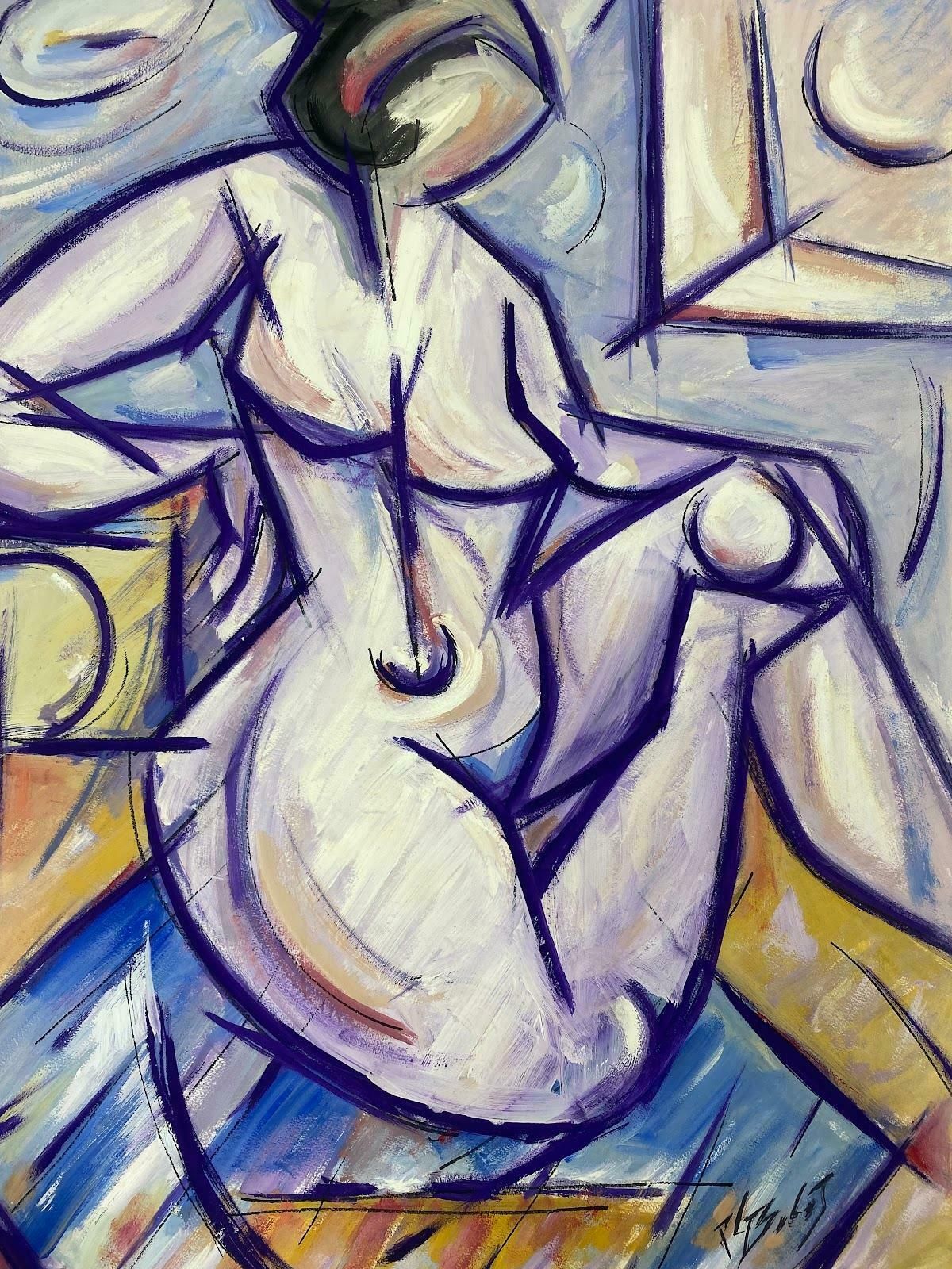 Paul Louis Bolot (French 1918 2003)1970's French Modernist Cubist Painting Seated Nude Woman Purple Abstract20th Century (1975) photo furniture