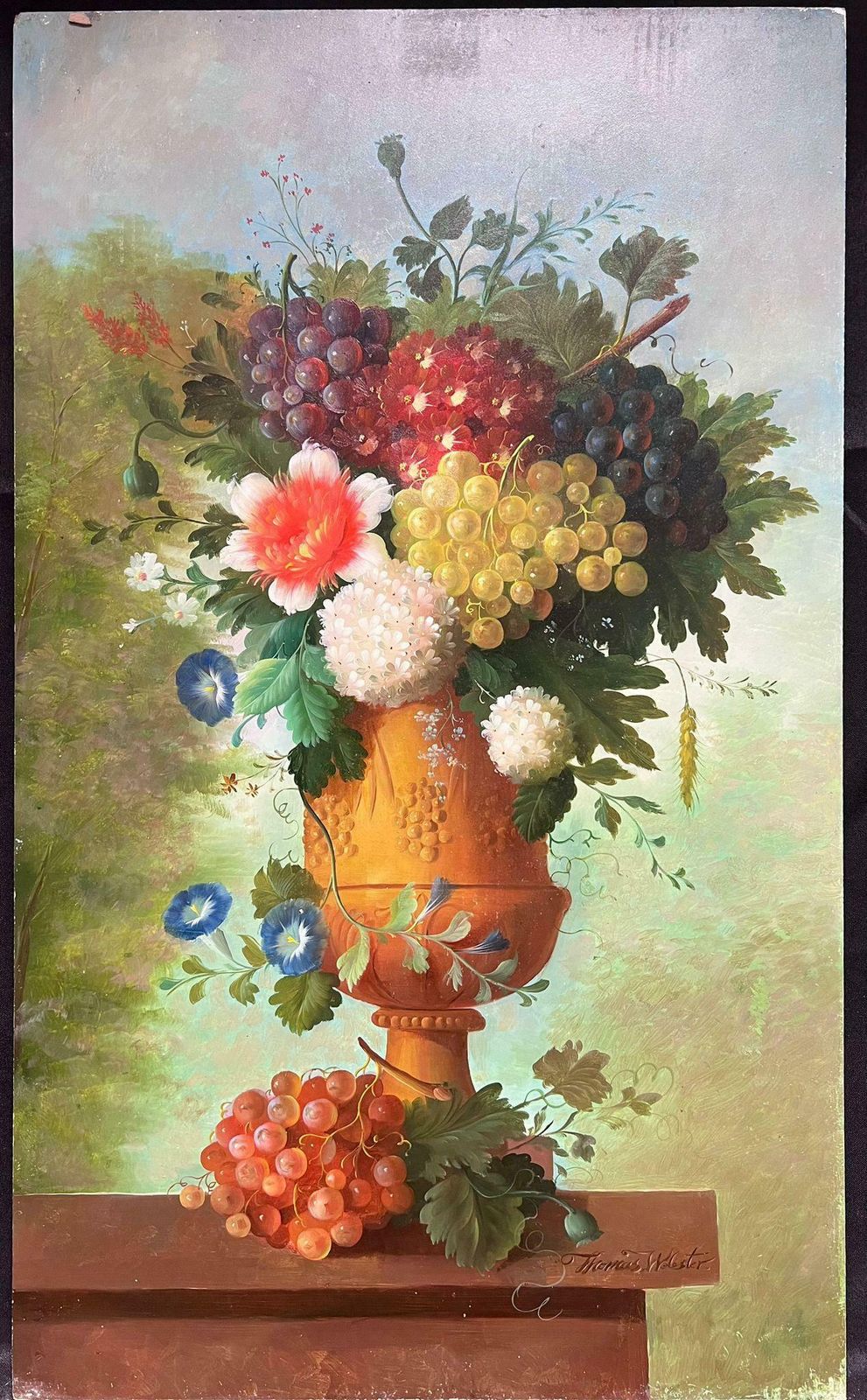 Thomas Websterhuge Classical Still Life Flowers & Fruit Still Life In Stone Urn Oil Painting 1990's photo furniture