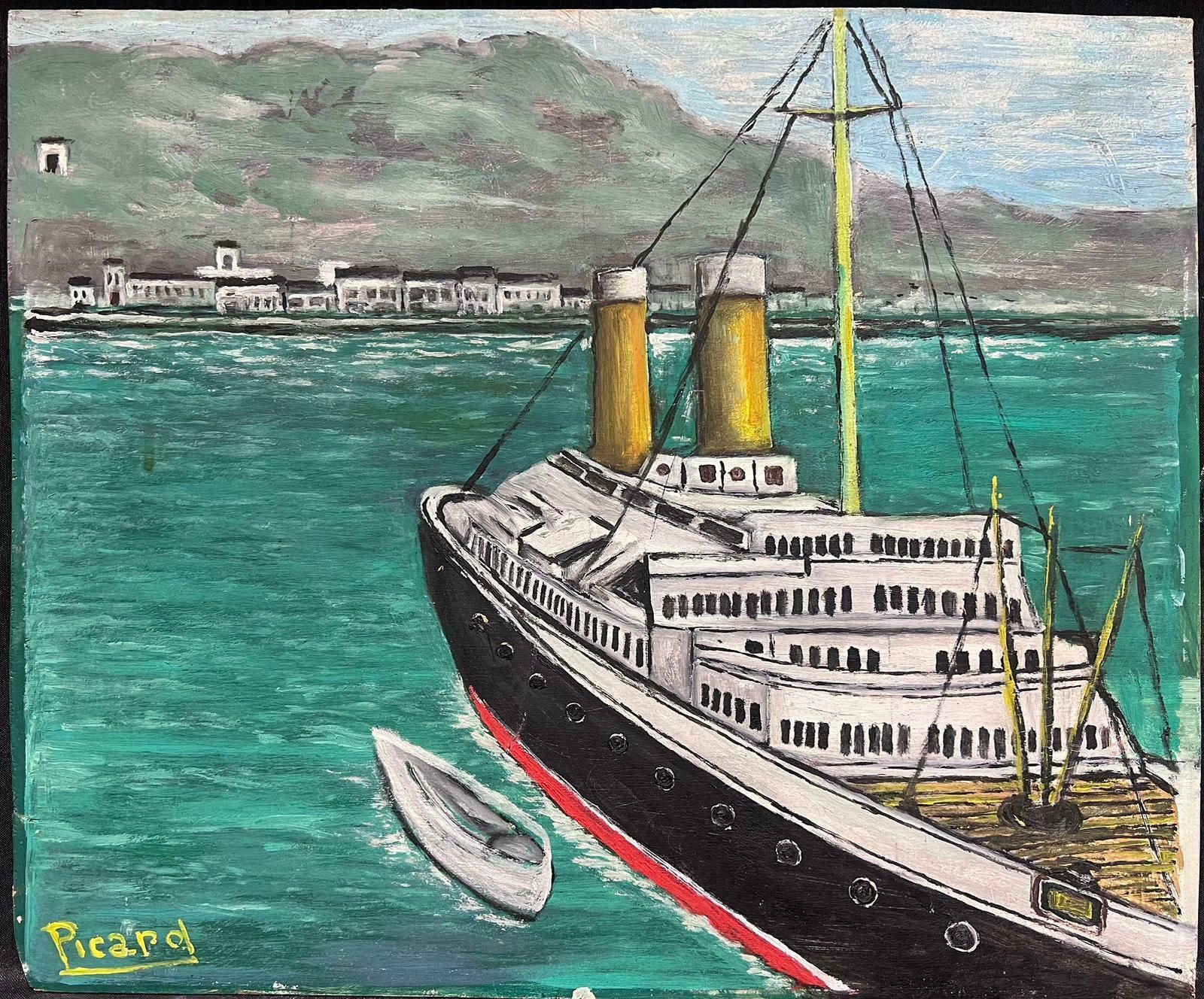 French Mid Century 1950's French Signed Modernist Oil Painting Large Ship Off The Coastline1950's photo furniture