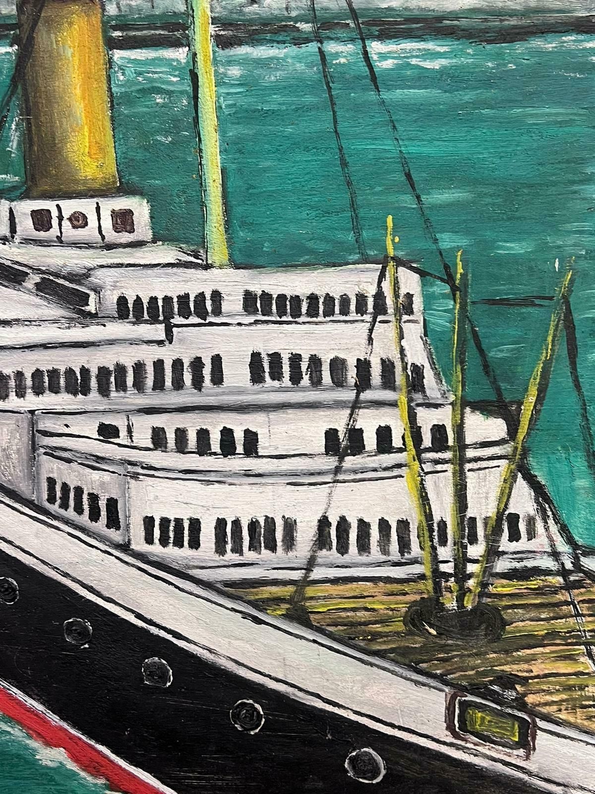 French Mid Century 1950's French Signed Modernist Oil Painting Large Ship Off The Coastline1950's photo Art
