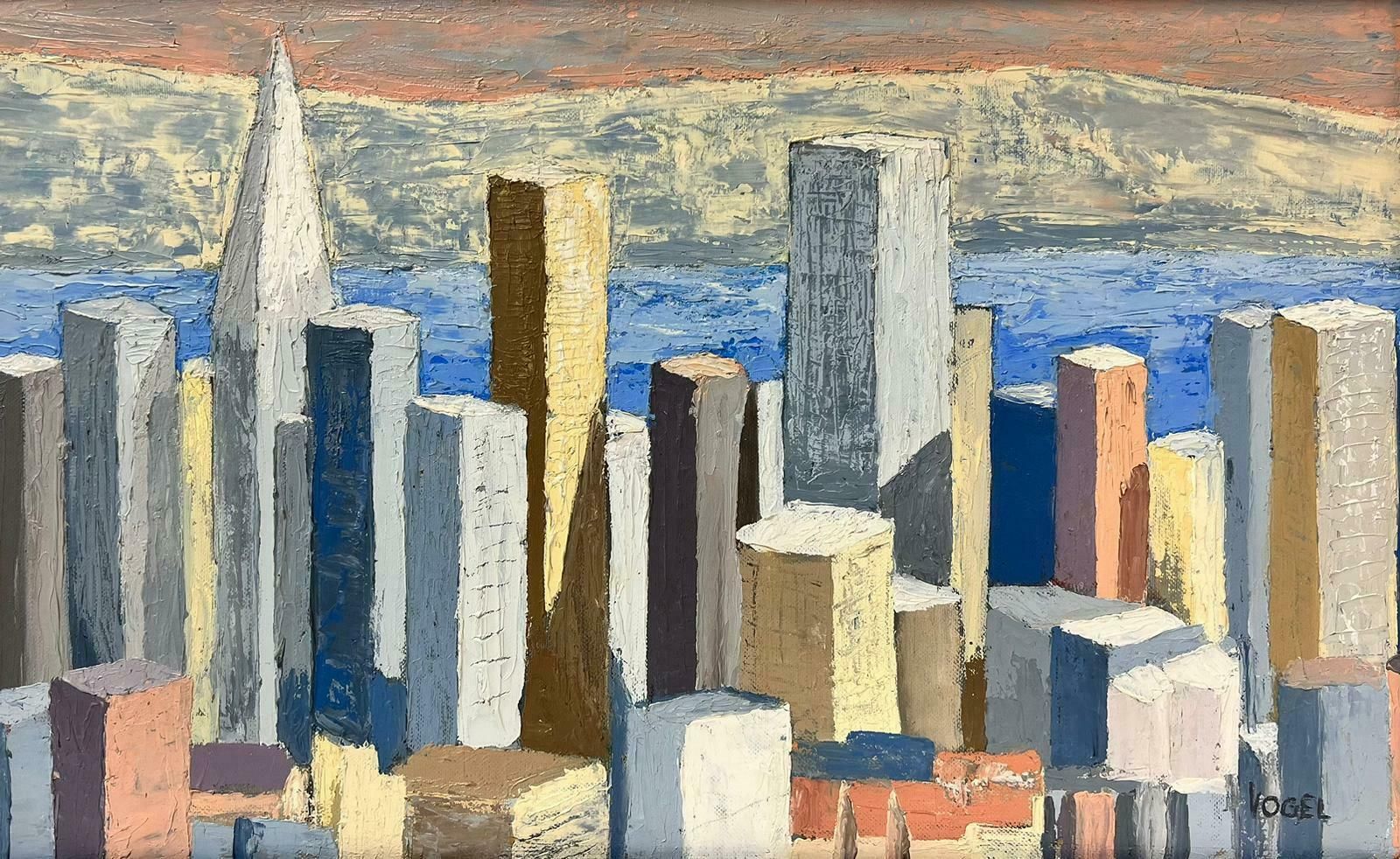 French Schoolsan Francisco 1970's Cubist Abstract City Skyline Oil Painting, Signed & Framed