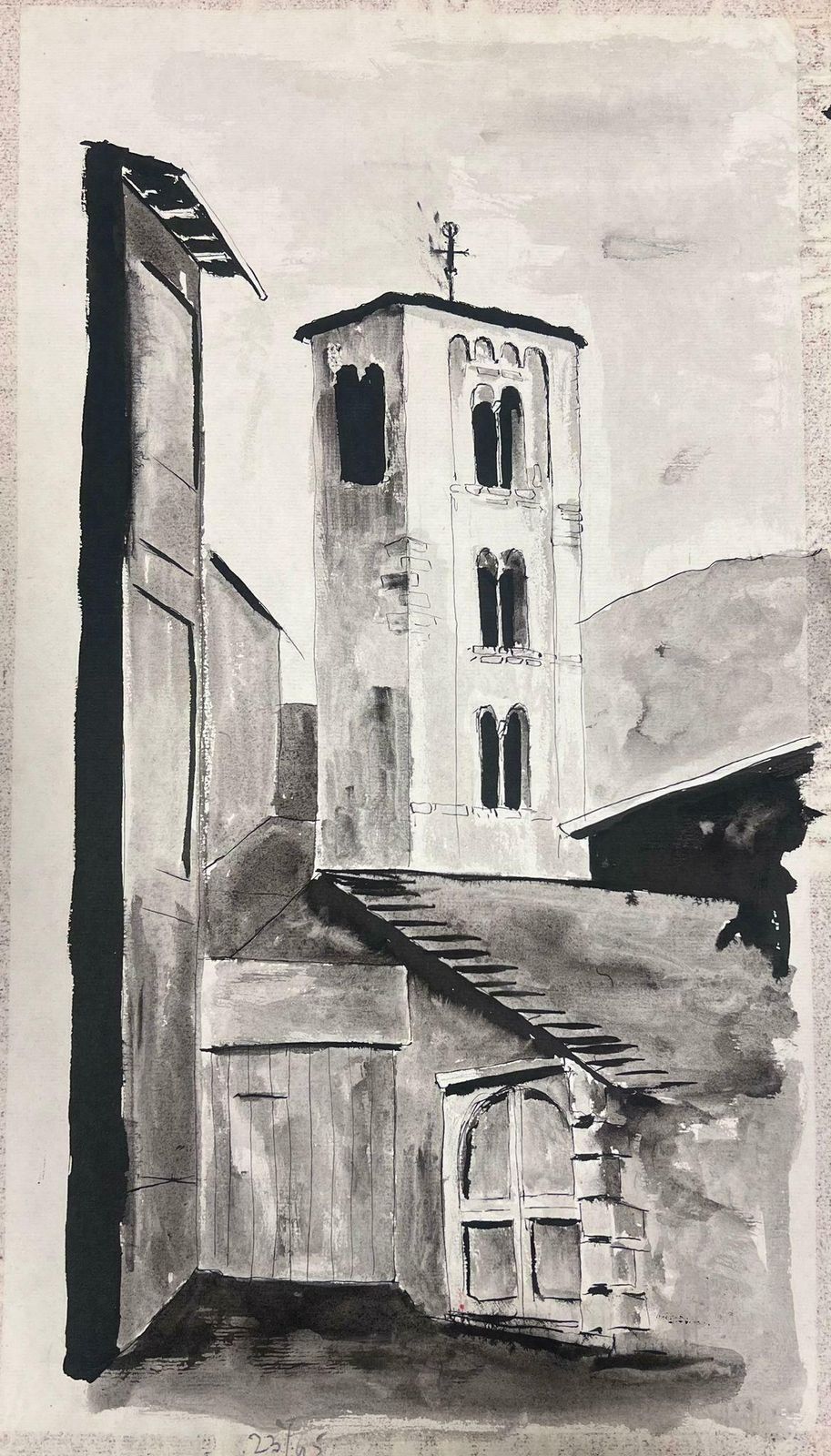 Bernard Labbe1950's Modernist Painting Black And White Bell Tower Landscape1950's