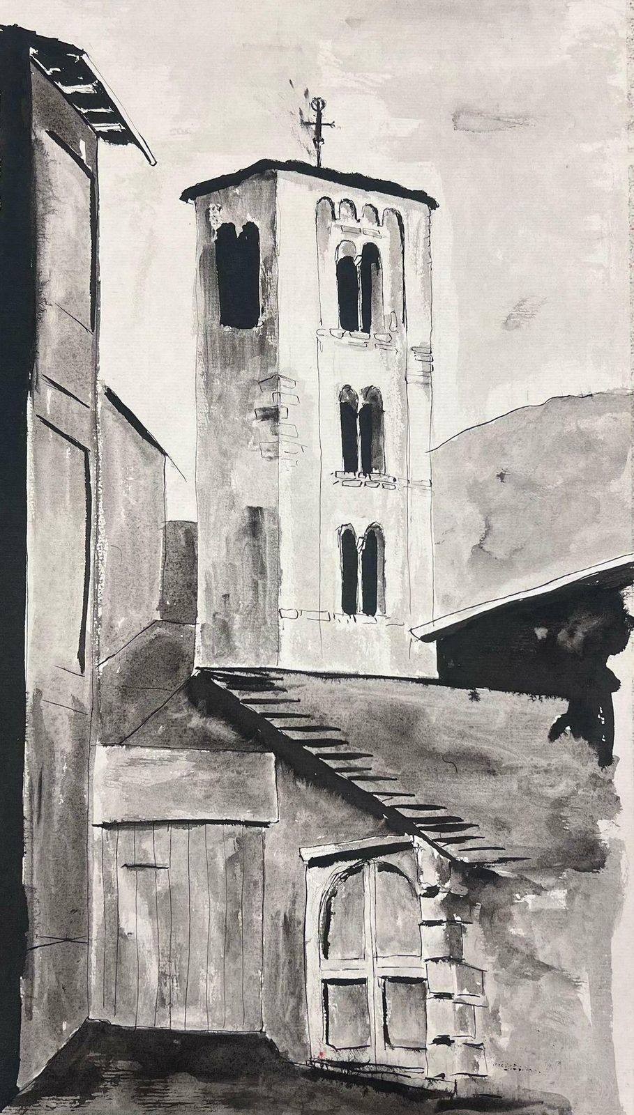 Bernard Labbe1950's Modernist Painting Black And White Bell Tower Landscape1950's photo furniture