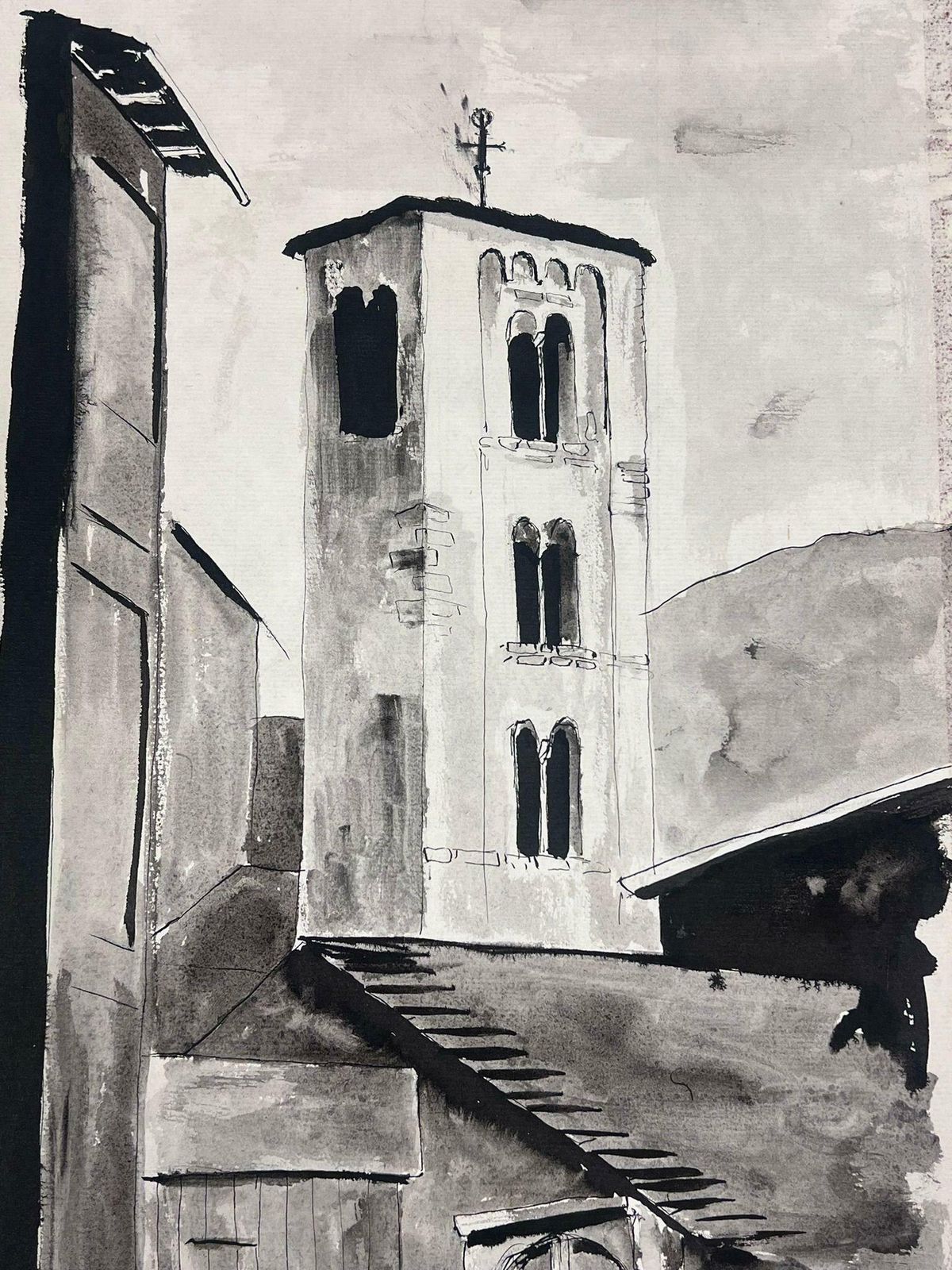 Bernard Labbe1950's Modernist Painting Black And White Bell Tower Landscape1950's photo Art