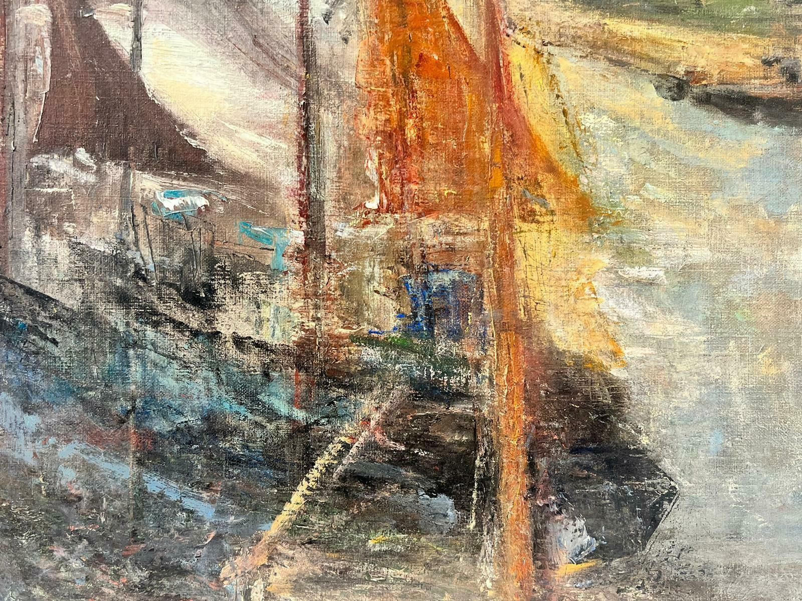 French Schoolmid Century French Post Impressionist Oil Boats Moored Estuary Scene, Framed1950's photo for sale