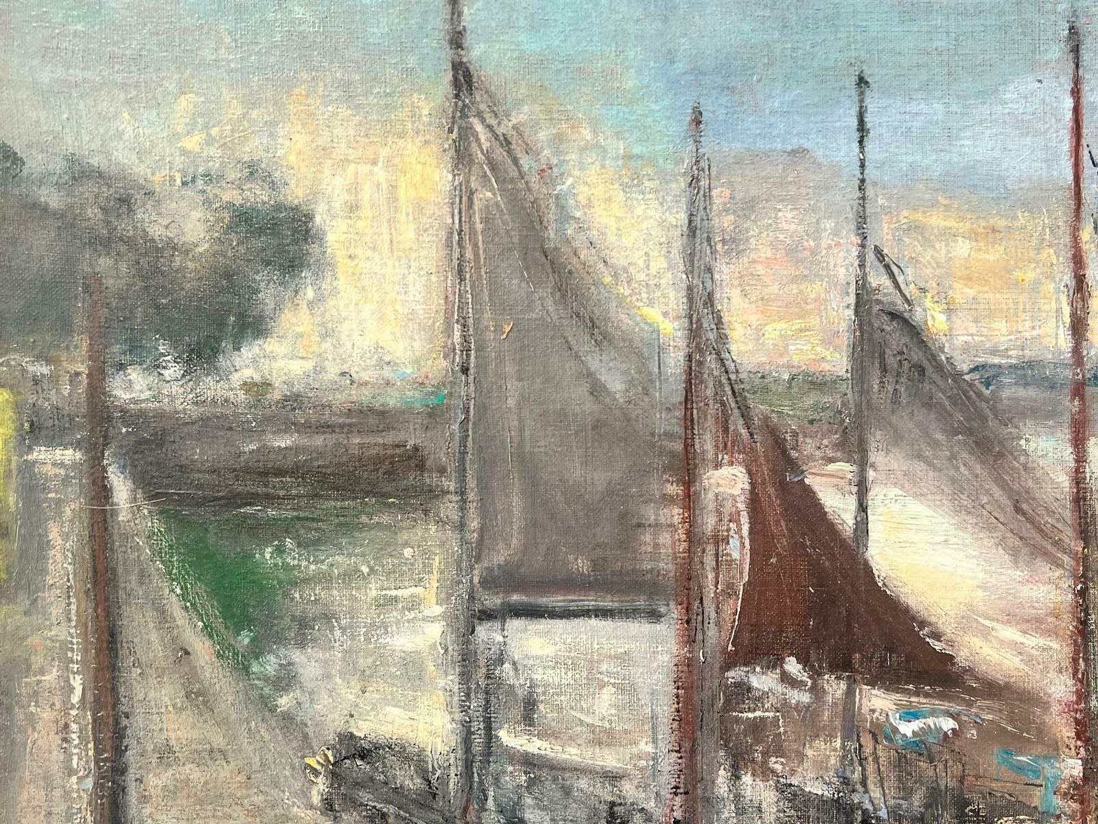 French Schoolmid Century French Post Impressionist Oil Boats Moored Estuary Scene, Framed1950's photo 1323.0