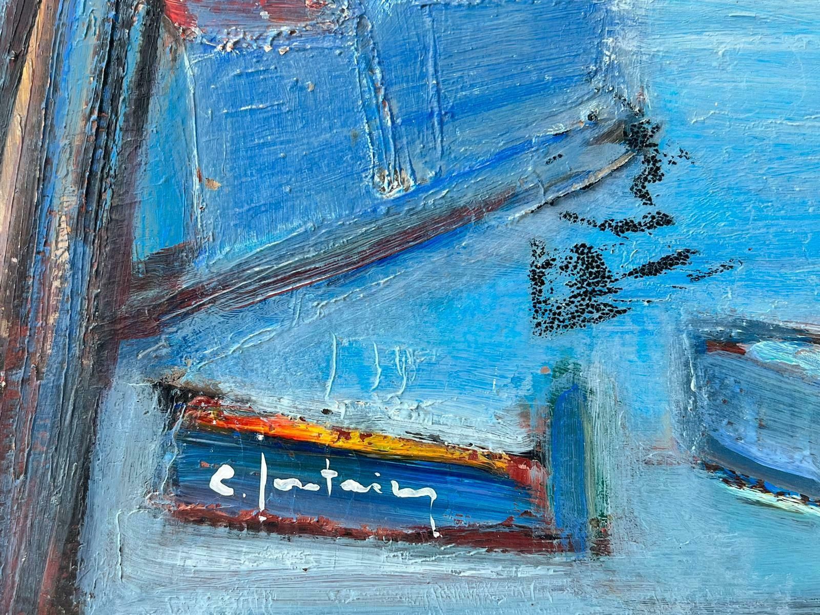French School1950's French Modernist Signed Oil On Canvas Boats In A Blue Harbor Coastal View photo for sale