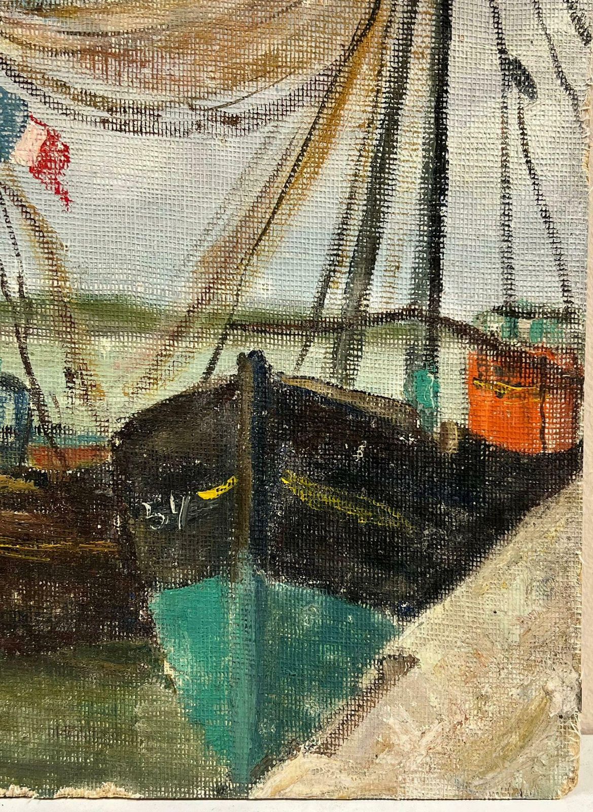 Simone Forgemid Century French Impressionist Docked Boats With French Flag At The Harbour 19th Century photo for sale