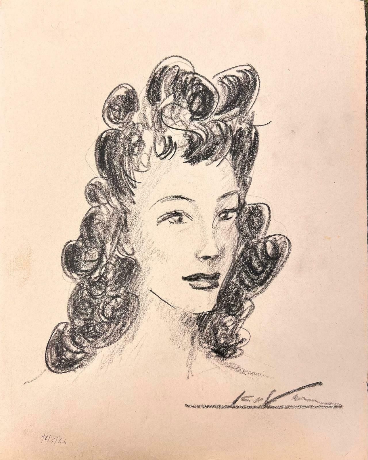 Josine Vignon1950’s Fashion Illustration Original Portrait Of A Lady With Black Curly Hair1960's