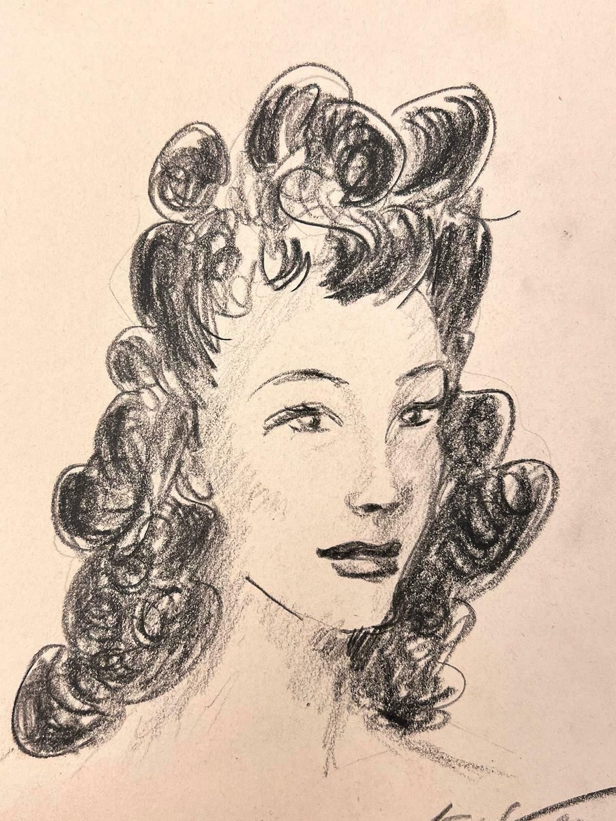 Josine Vignon1950’s Fashion Illustration Original Portrait Of A Lady With Black Curly Hair1960's photo furniture