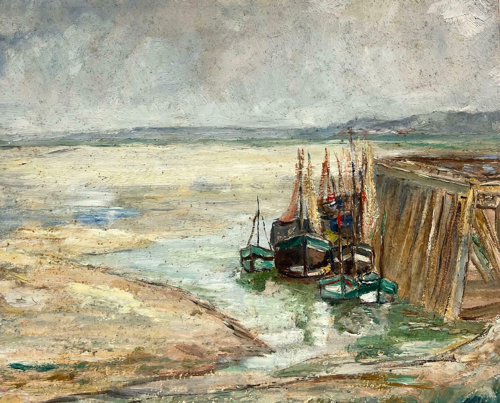 Simone Forgeharbour At Low Tide With Boats By The Pier 1930's French Impressionist 19th Century