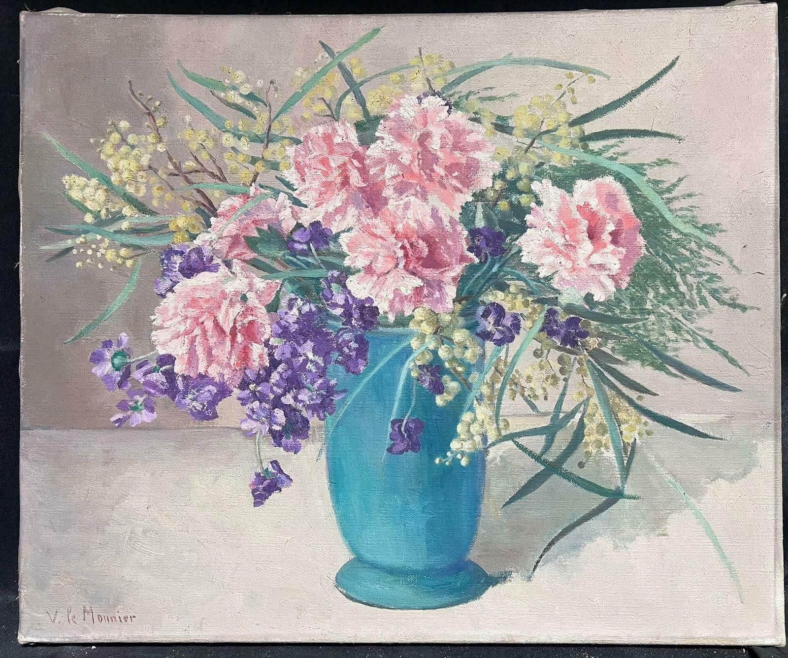French Mid Century Pink Flowers In Blue Turquoise Vase Signed 1950's Oil On Canvas1950's photo furniture