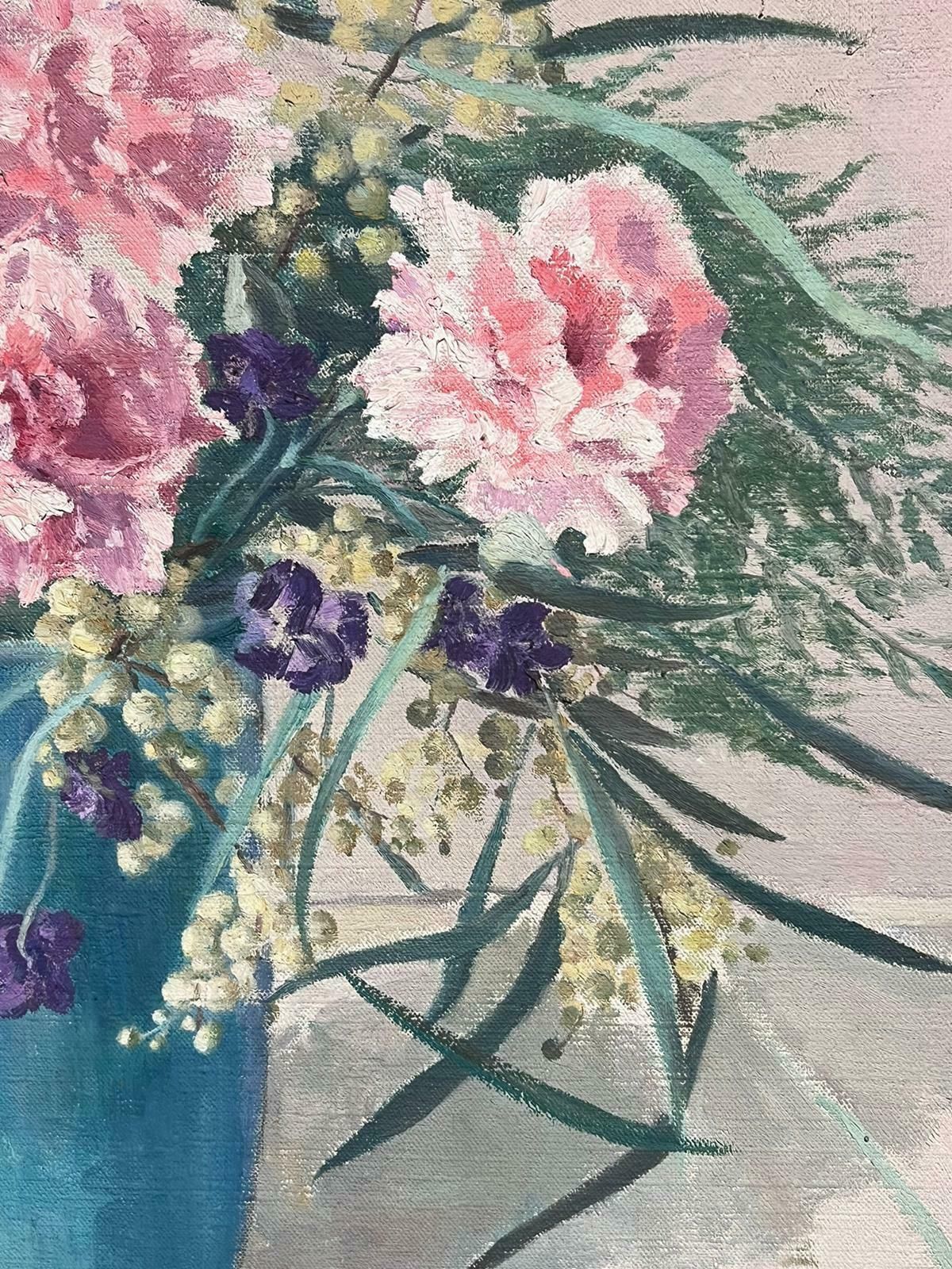 French Mid Century Pink Flowers In Blue Turquoise Vase Signed 1950's Oil On Canvas1950's photo for sale