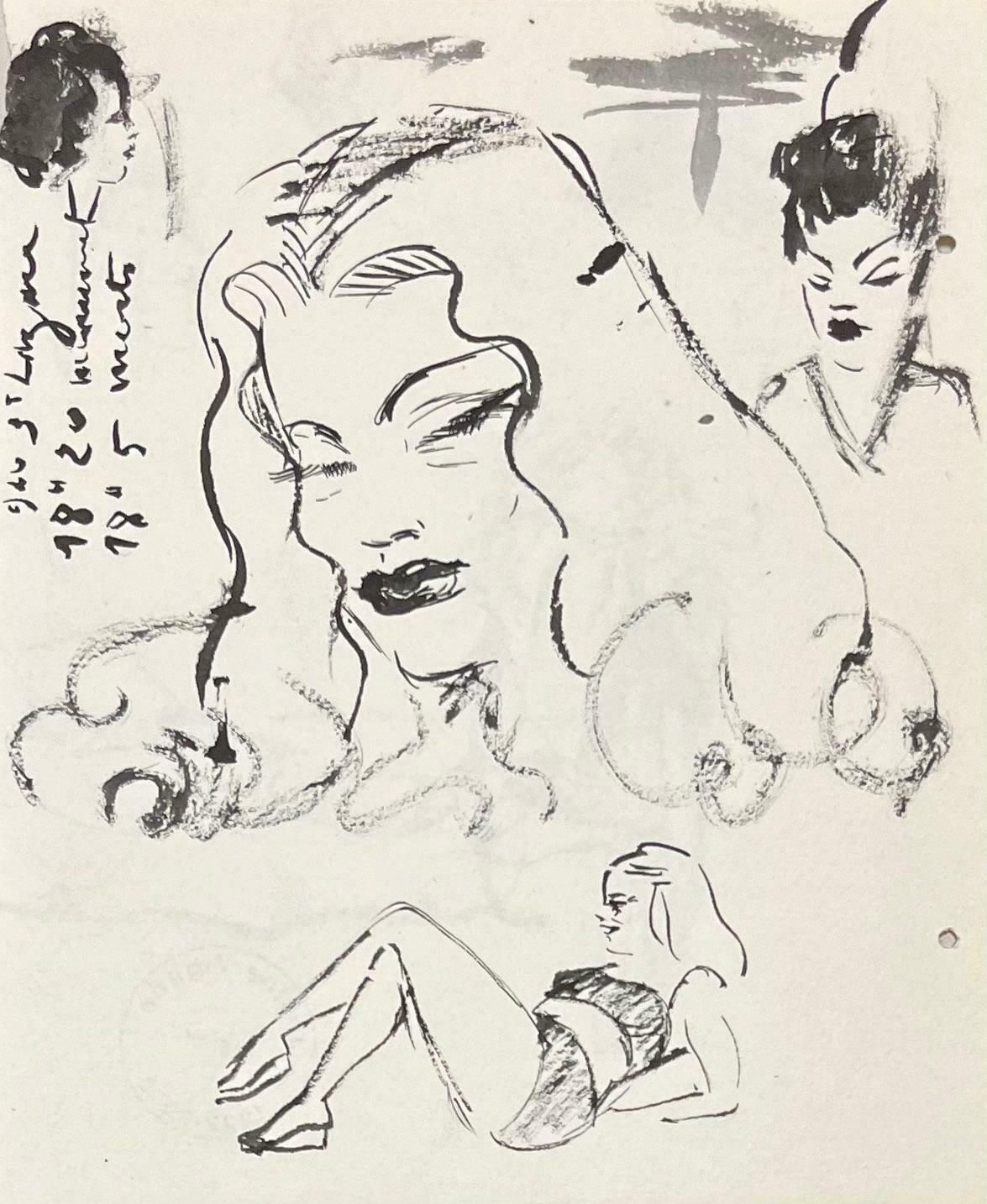 Josine Vignonmid Century French Ink Studies Of Study Of Female Faces1950's