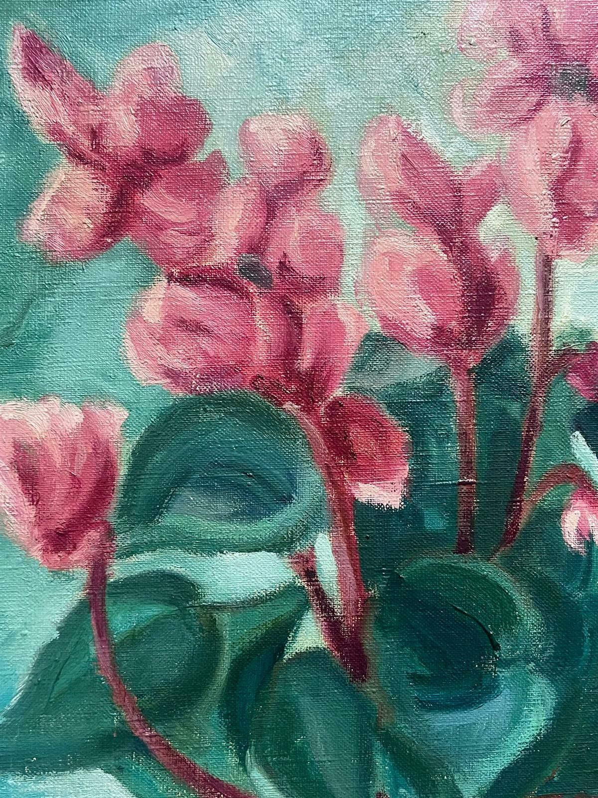 French 1950'smid Century French Signed Oil Cyclamen Flowers In Pot Interiors Still Life1958 photo vinterior