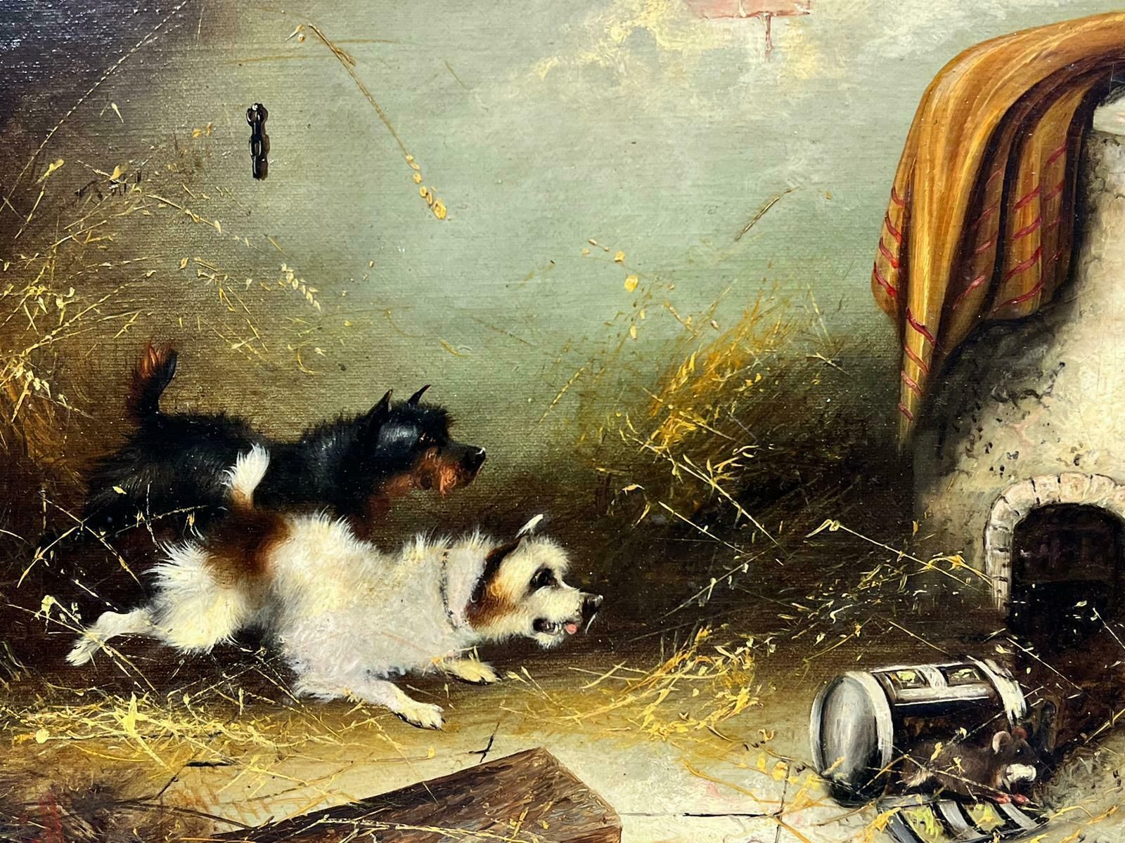Frank Cassellterrier Dogs Chasing Rat In Stable Barn Interior Signed English Oil Painting photo 1527.0