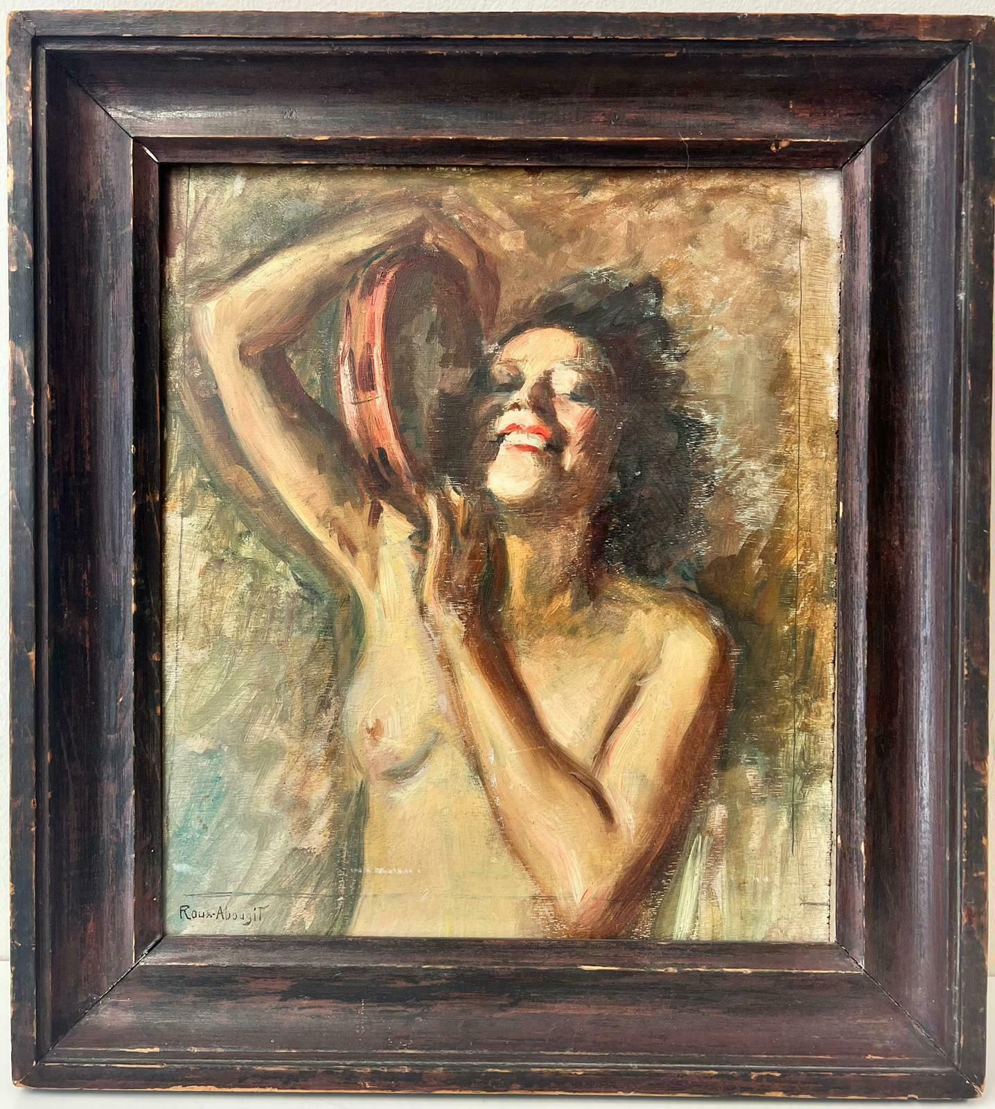 French School1960's French Signed Oil Portrait Nude Lady Dancing With Tambourine photo furniture