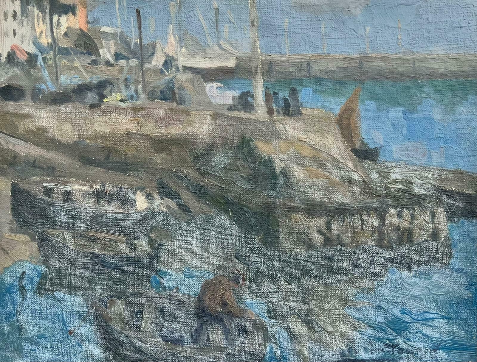 French Schoolmid Century French Signed Post Impressionist Oil Fishermen In Harbor With Boats