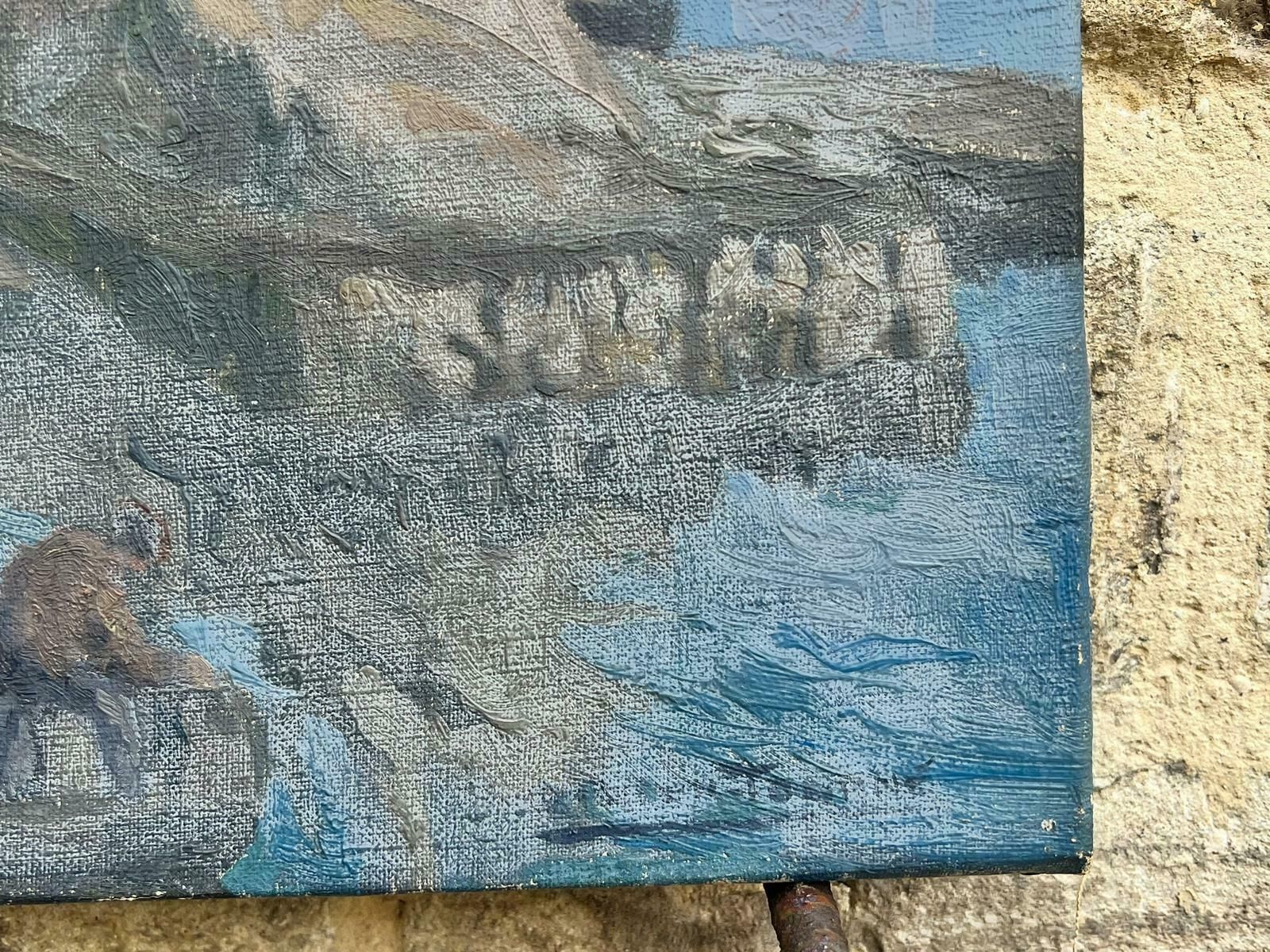French Schoolmid Century French Signed Post Impressionist Oil Fishermen In Harbor With Boats photo Art