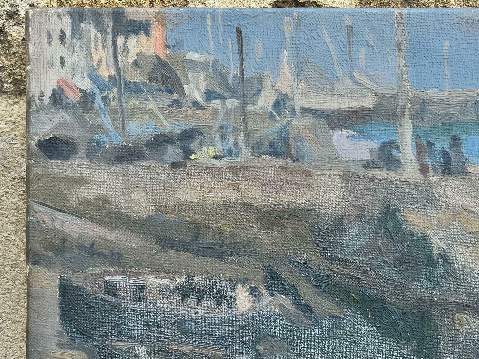 French Schoolmid Century French Signed Post Impressionist Oil Fishermen In Harbor With Boats photo 868.0