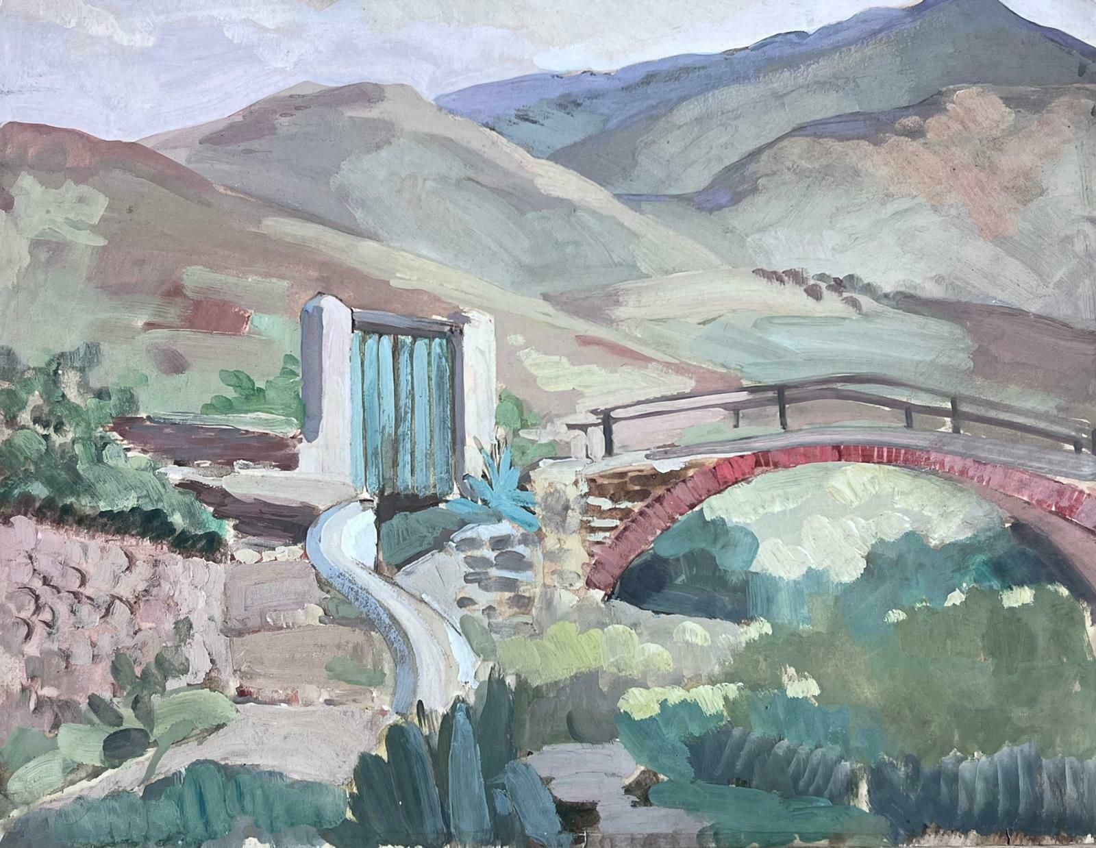 Y Blanchon1950's French Impressionist Painting Red Bridge In Green Mountain Landscape 1950's