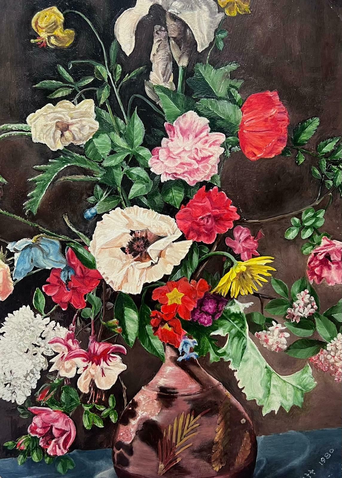 English Flower Painterfine Classical Still Life Flower Painting Signed & Dated English Oil 1980's photo furniture