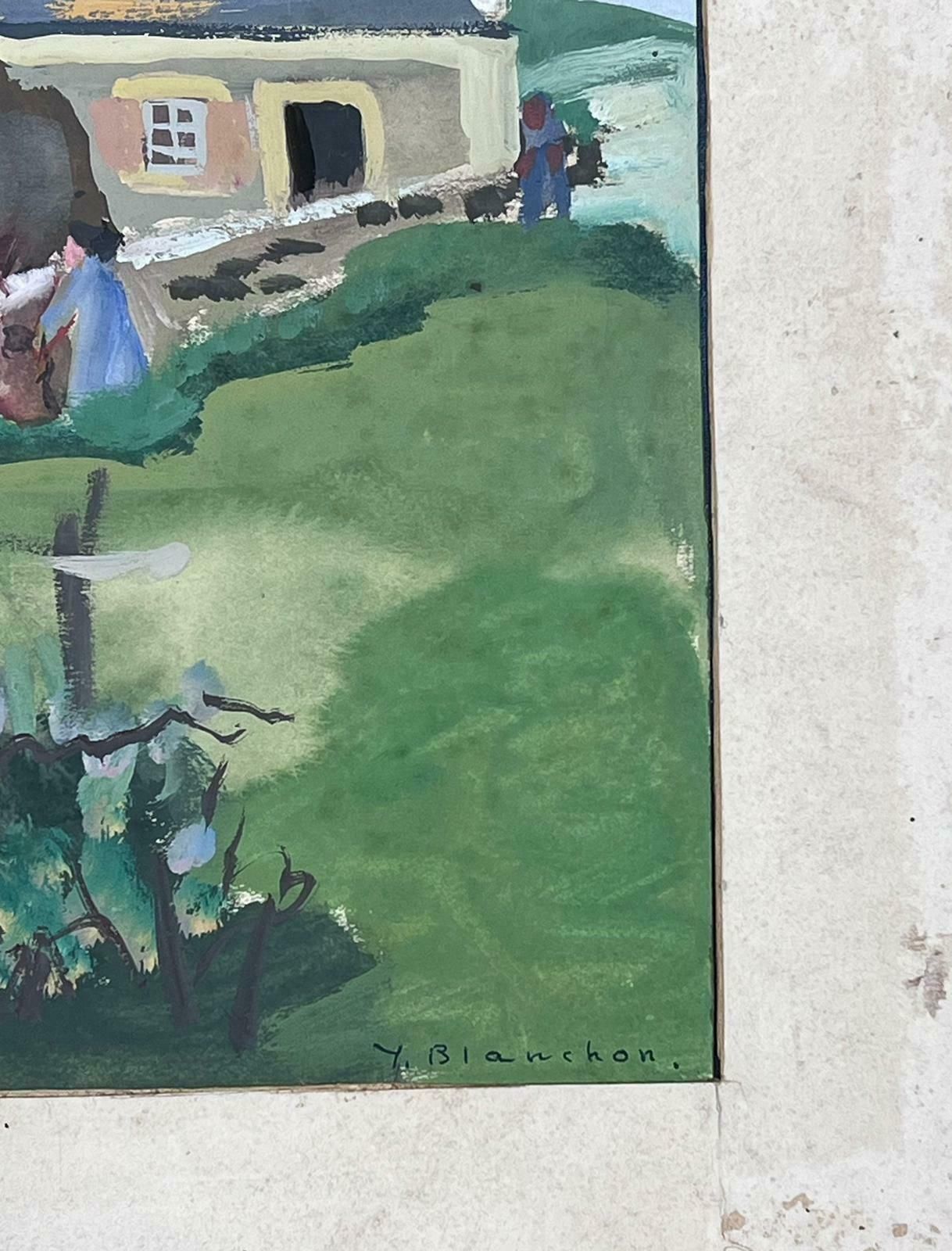 Y Blanchon1950's French Impressionist Painting Ladies Gossiping On The Town Bridge 1950's photo for sale