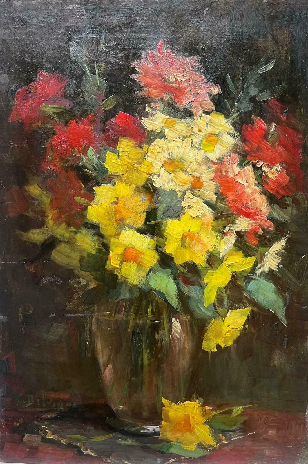 French Mid Century Red & Yellow Flowers In Vase Signed French Impressionist 1950's Oil Painting 1950's