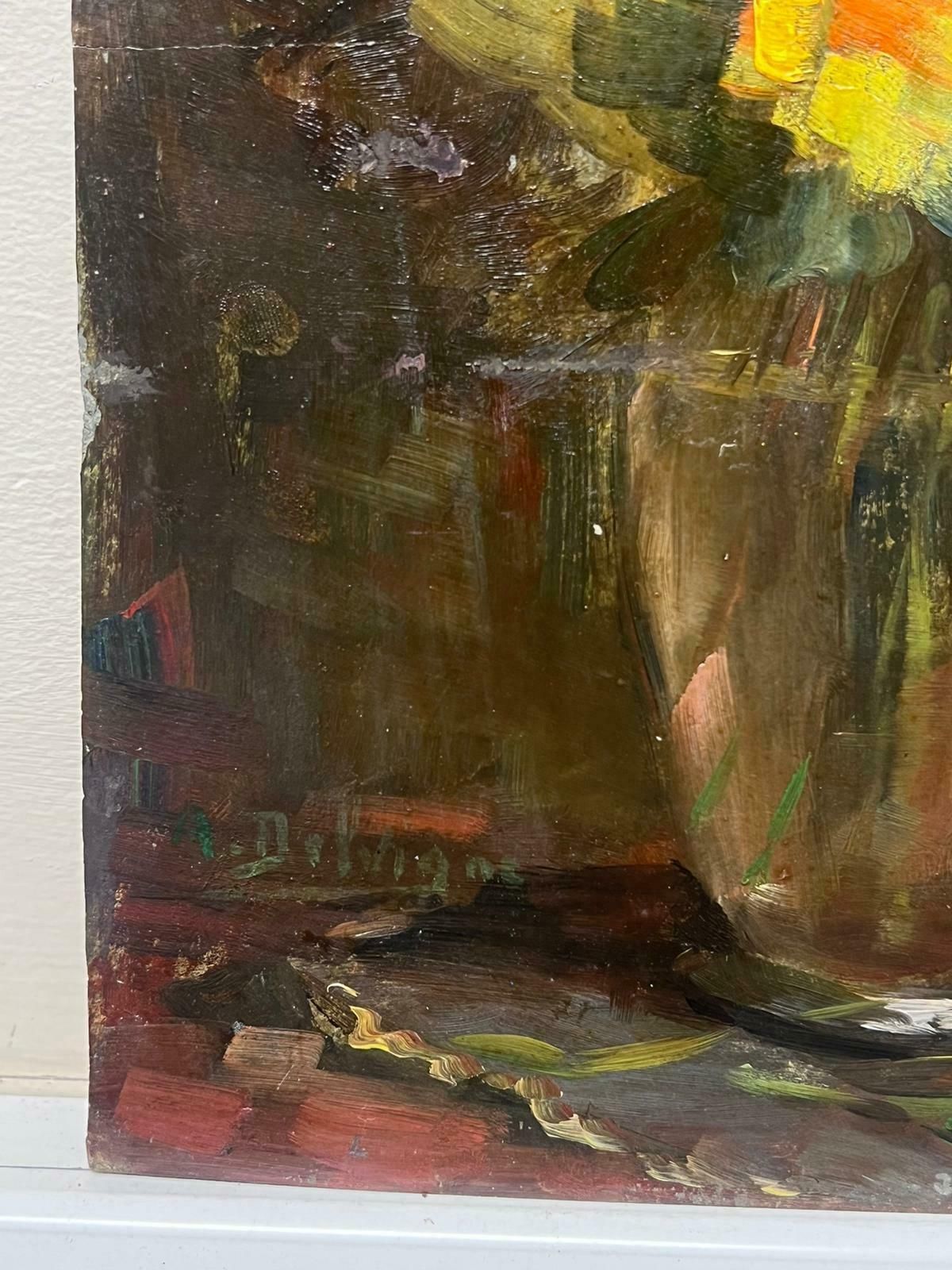 French Mid Century Red & Yellow Flowers In Vase Signed French Impressionist 1950's Oil Painting 1950's photo furniture