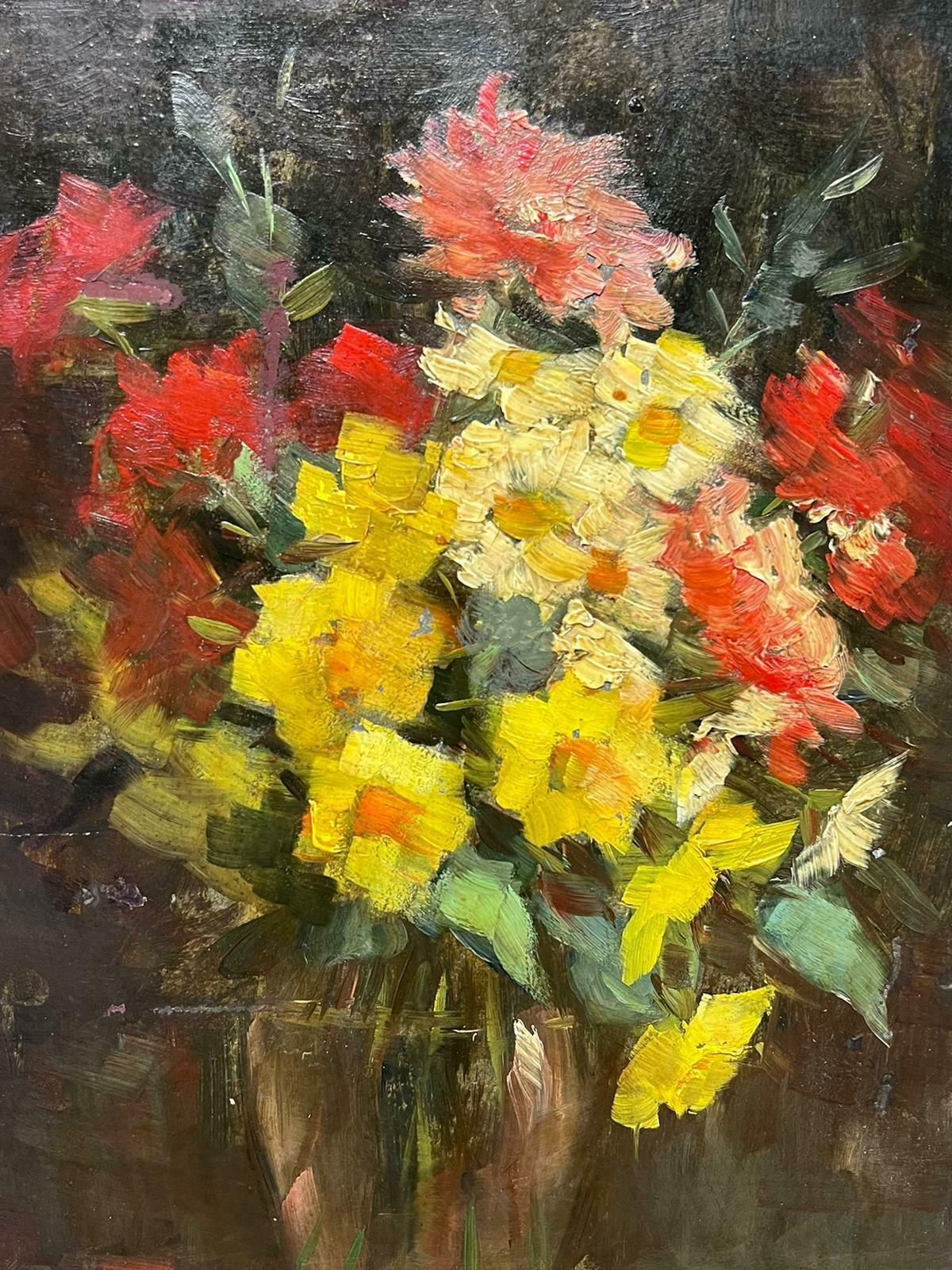 French Mid Century Red & Yellow Flowers In Vase Signed French Impressionist 1950's Oil Painting 1950's photo Art