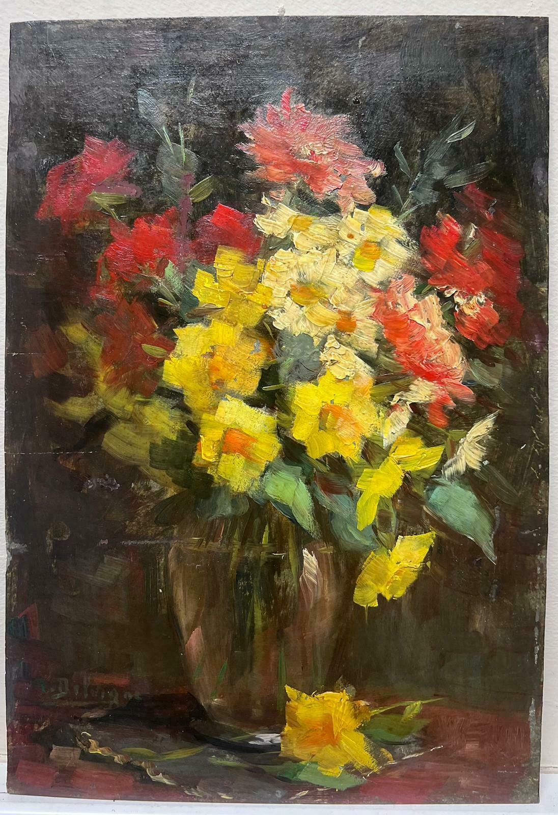 French Mid Century Red & Yellow Flowers In Vase Signed French Impressionist 1950's Oil Painting 1950's photo 751.0